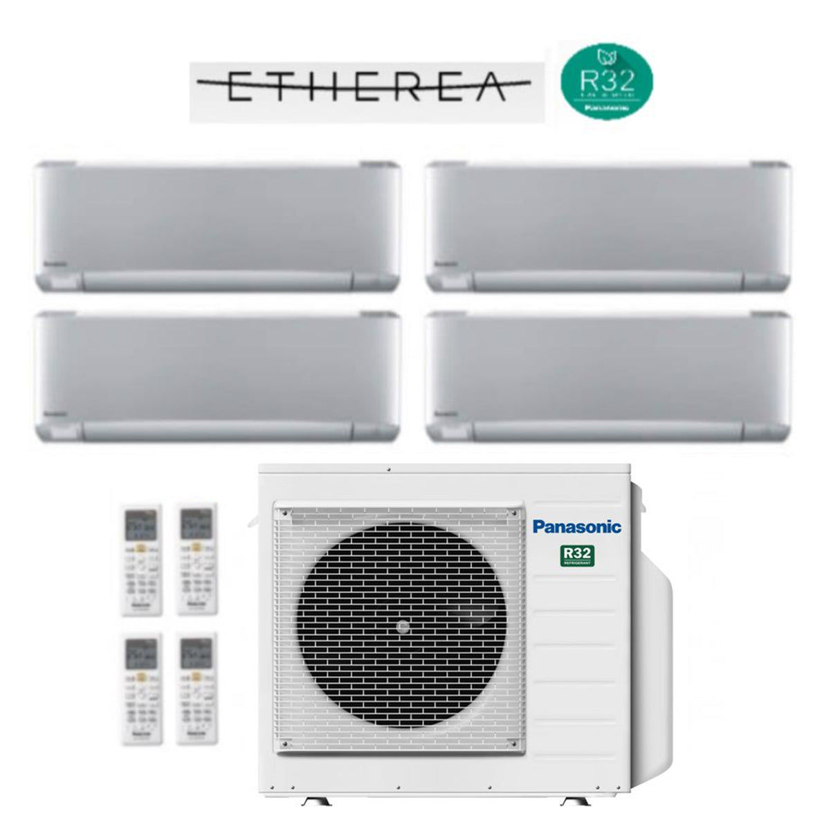 Panasonic Quadri Split Inverter Airconditioner Etherea Silver Serie 9+9+9+9+9 met CU-4Z68TBE R-32 Geïntegreerde Wi-Fi 9000+9000+9000+9000 Zilver
