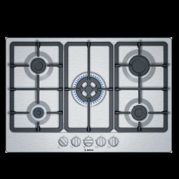Kookpiano op gas Bosch Serie 4 PGQ7B5B90 5 Fools (L75xP52) roestvrij staal