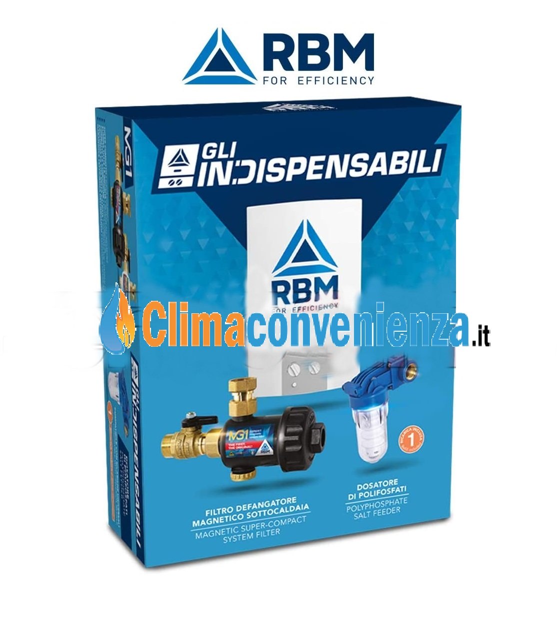 Een RBM Boiler Saver Kit Het onmisbare MG1 magnetische vuilafscheiderfilter + Polyfosfaat dispenser