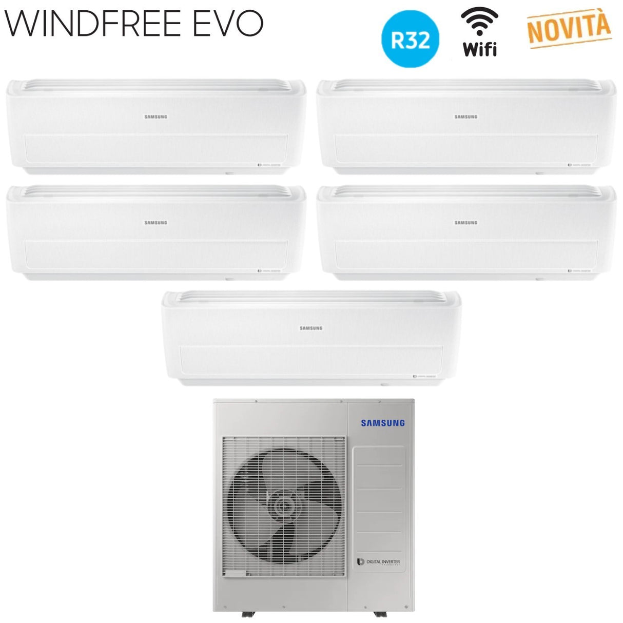Airconditioner Samsung Penta Split Inverter Serie WINDFREE EVO 9+9+9+12+12 met AJ100RCJ R-32 Wi-Fi Geïntegreerd 9000+9000+12000+12000 - Nieuws 2019