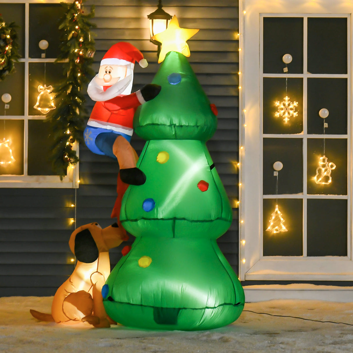 Easycomfort Verlichte 180cm Kerstboom met Kerstman, Kooi en LED-verlichting, Kerstdecoratie voor Buiten