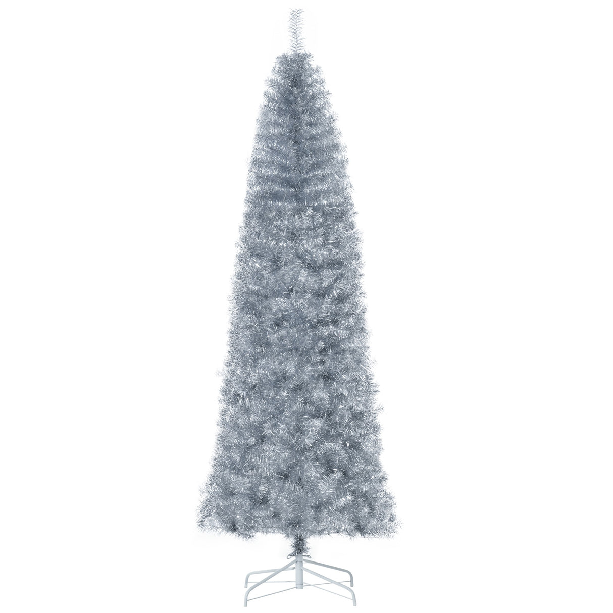 Easycomfort Kunstkerstboom Hoog 210 cm met 818 takken, Slanke kerstboom met af mobiele voet, van PET en staal, Zilver
