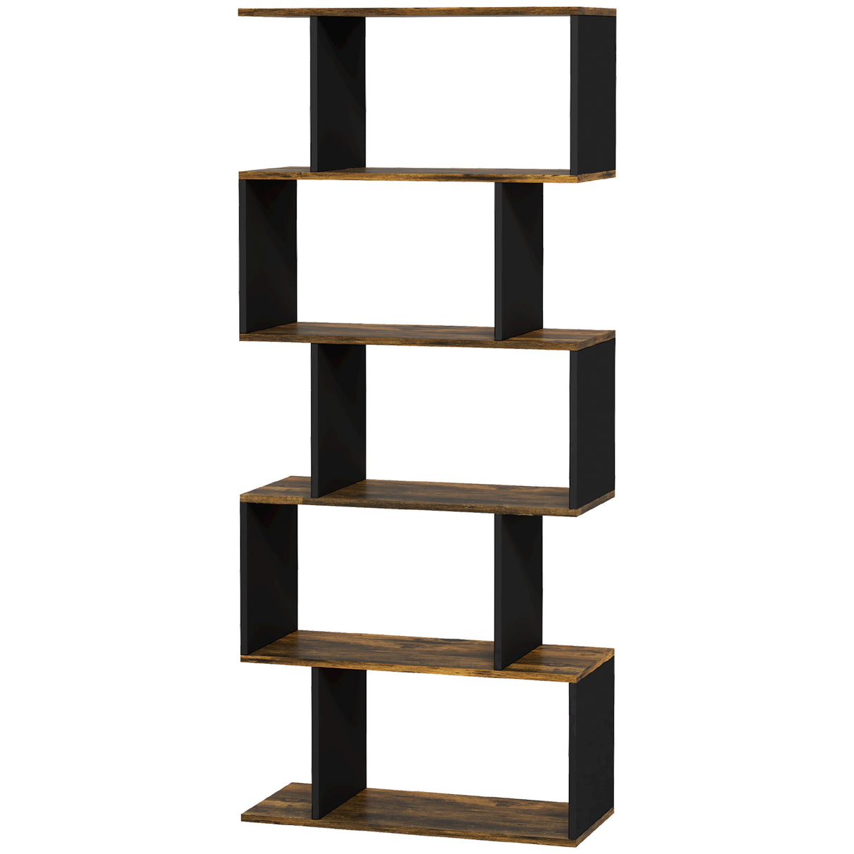 Easycomfort moderne asymmetrische wandbibliotheek met 5 houten planken, 70x29,5x163cm, Rustico Bruin