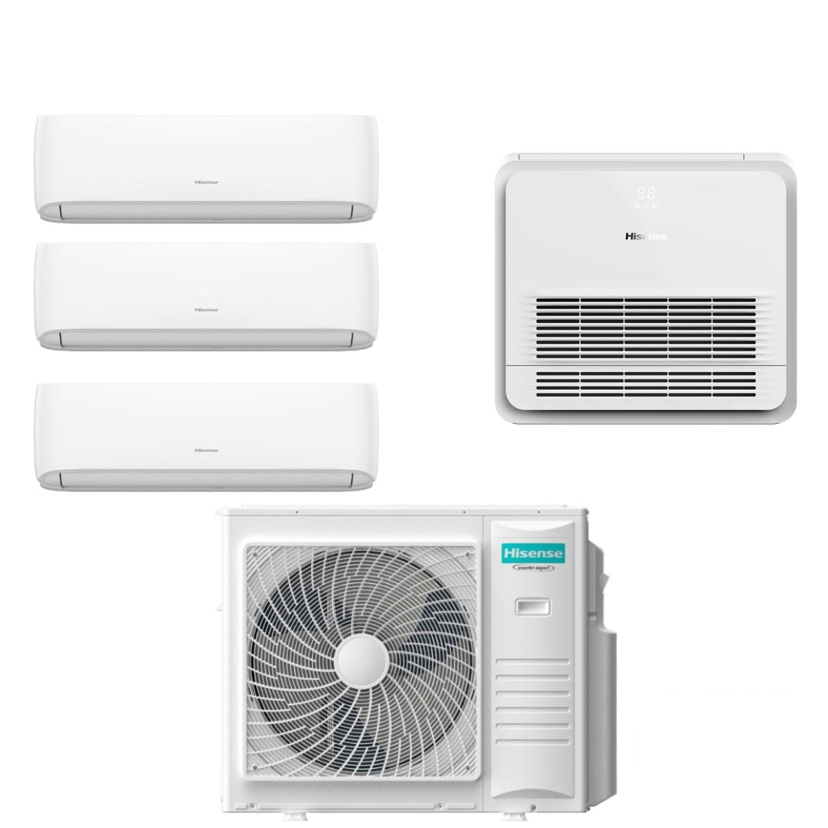 Airconditioner Hisense Square Split Inverter Serie HI-COMFORT 9000+9000+9000 + Console 18000 met 5AMW105U4RQC R-32 Wi-Fi 9+9+9+18