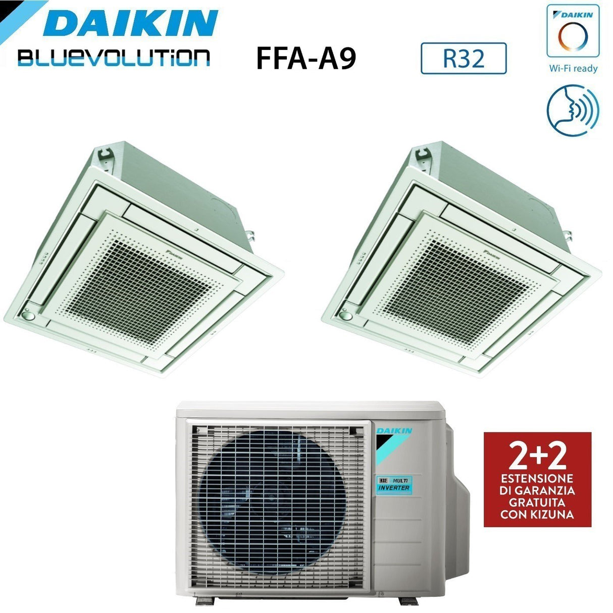 Daikin Bluevolution Airconditioner Dual Split Inverter Cassette FFA-A 9+12 met 2MXM50A R-32 Wi-Fi Optioneel met wit rooster inclusief 9000+12000