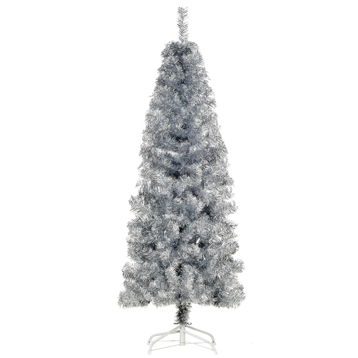 Easycomfort Kunstkerstboom Hoog 150cm met 408 takken, Slanke kerstboom met af mobiele voet, van PET en staal, Zilver
