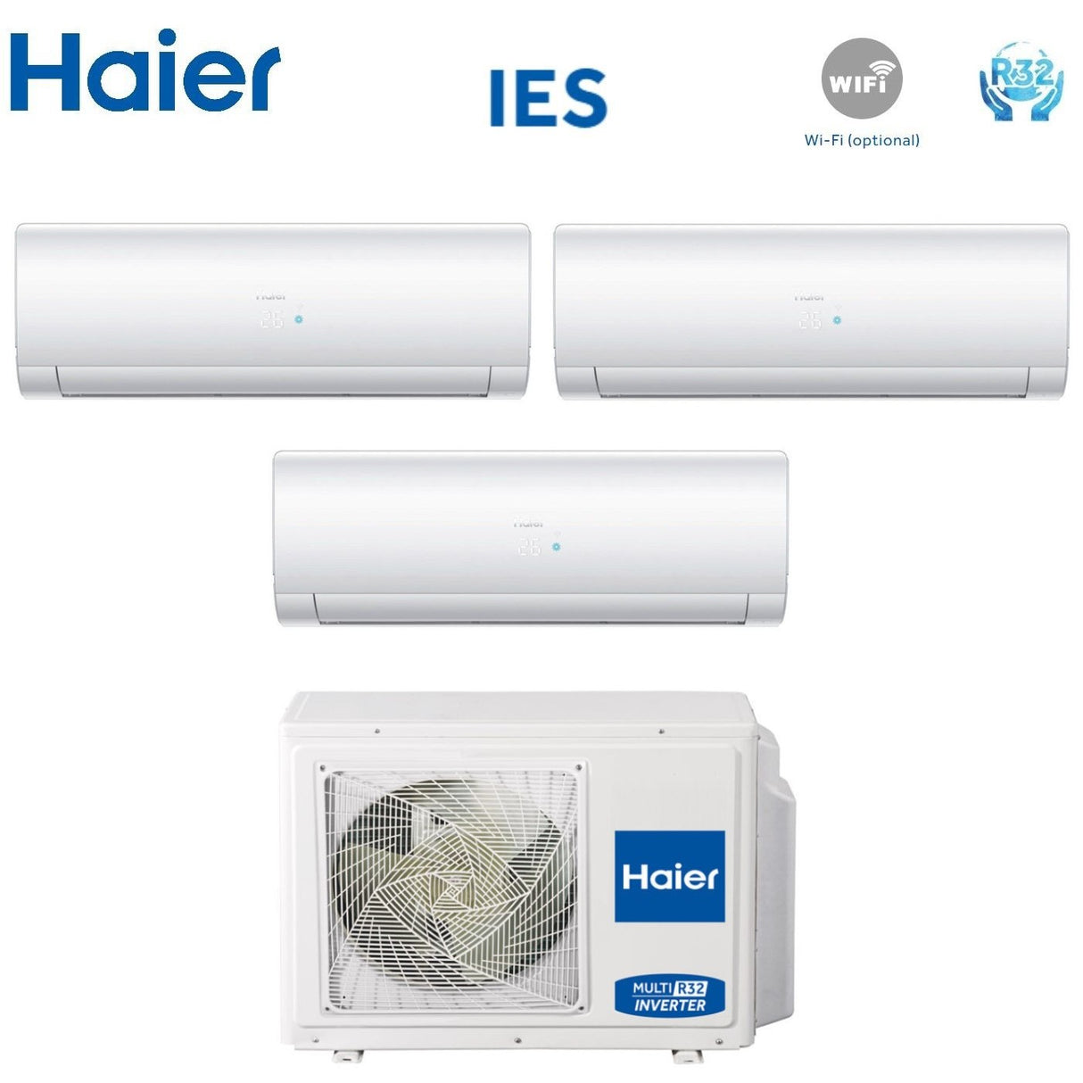 Haier Trial Split Inverter Airconditioner IES Serie 9+9+12 met 3U70S2SR2FA Gas R-32 9000+9000+12000 Wi-Fi Optioneel