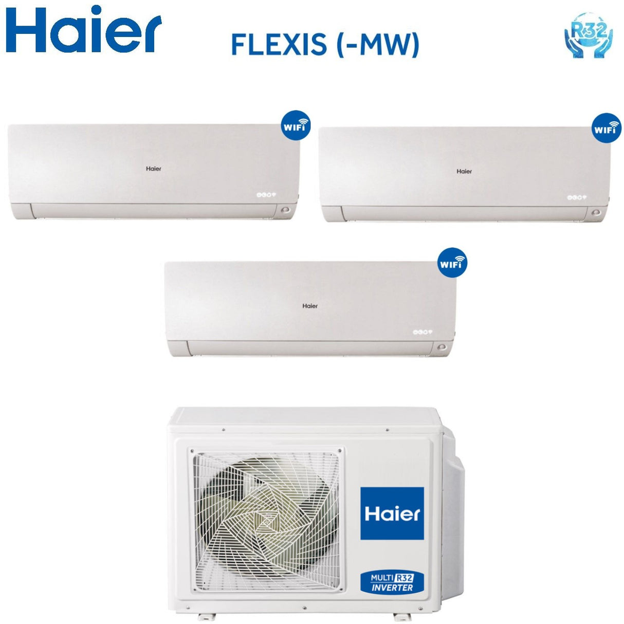 HAIER Trial Split Inverter Airconditioning FLEXIS Witte serie 7000+7000+12000 btu met 3U70S2SR2FA R-32 Wi-Fi 7+7+12 - NIEUW