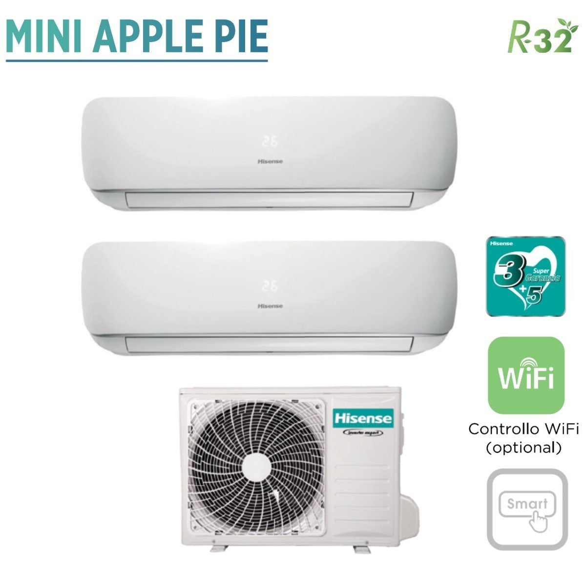 Hisense Dual Split Inverter Airconditioning MINI APPLE PIE 9+12 serie met 2AMW42U4RGC R-32 Wi-Fi Optie 9000+12000