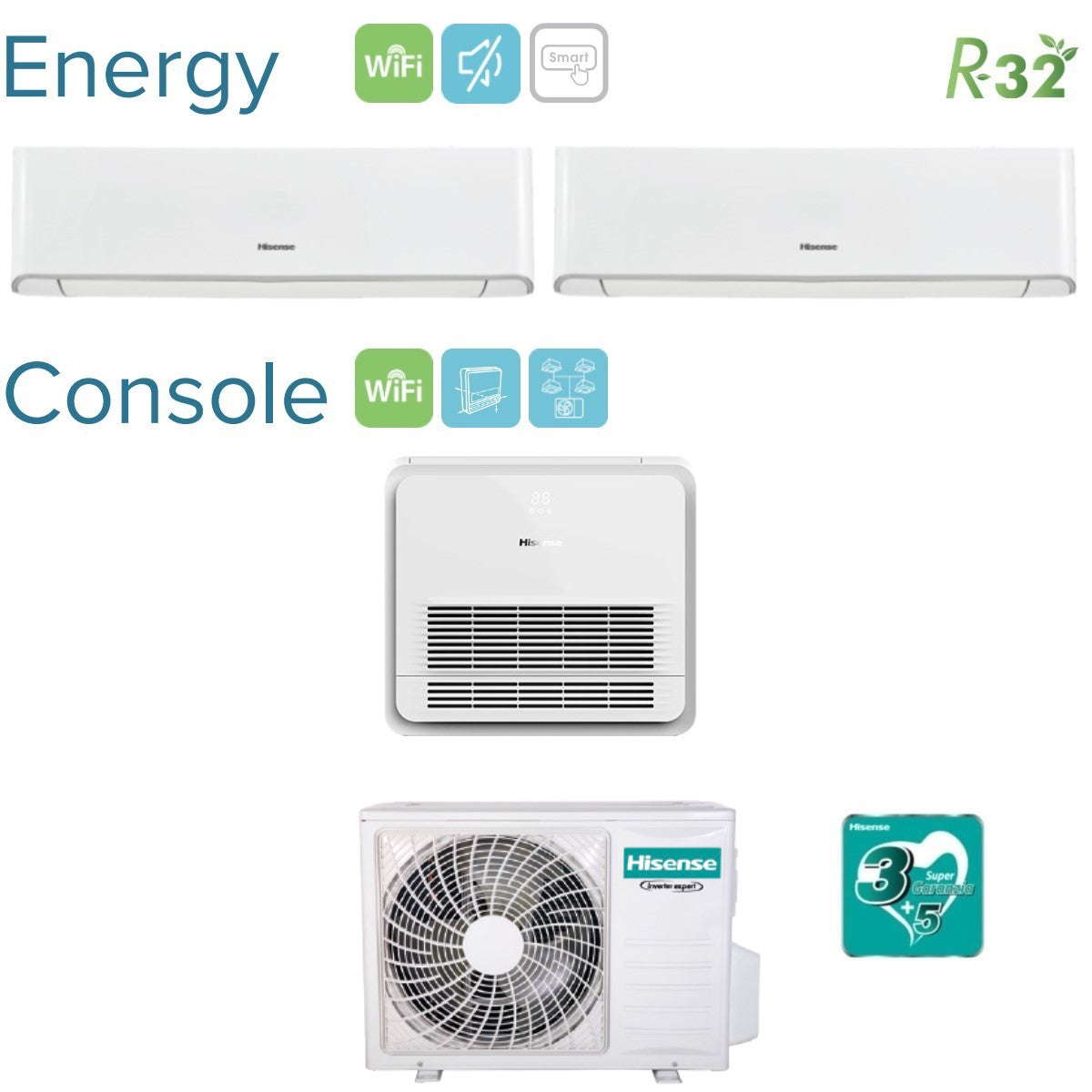 Airco Hisense Trial Split Energy 9000+12000 + AKT 9000 Console met 3AMW62U4RFA R-32 Wi-Fi Geïntegreerd 9+9+12