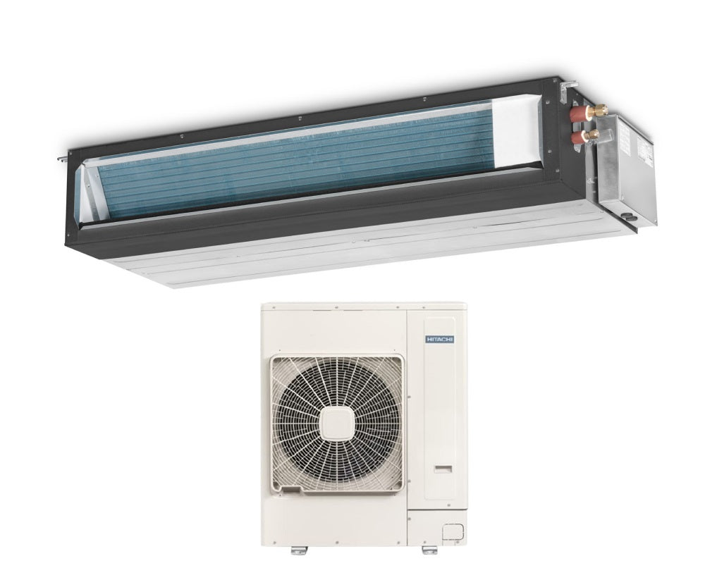 Hitachi kanaalairconditioner met invertertechnologie, 48000 BTU, RPI-6.0FSN5E+RAS-6H(V)NC1E, koelmiddel R-410, inclusief afstandsbediening.