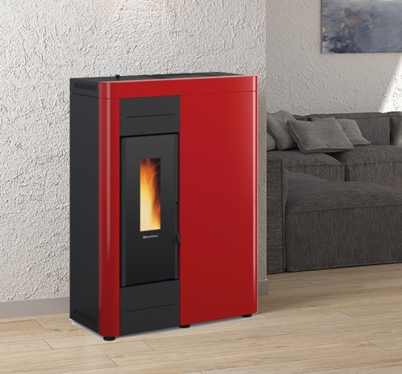 TERMOSTUFA A PELLET LA NORDICA EXTRAFLAME model VIRNA IDRO 15,5 kW kleur BORDEAUX - NIEUW
