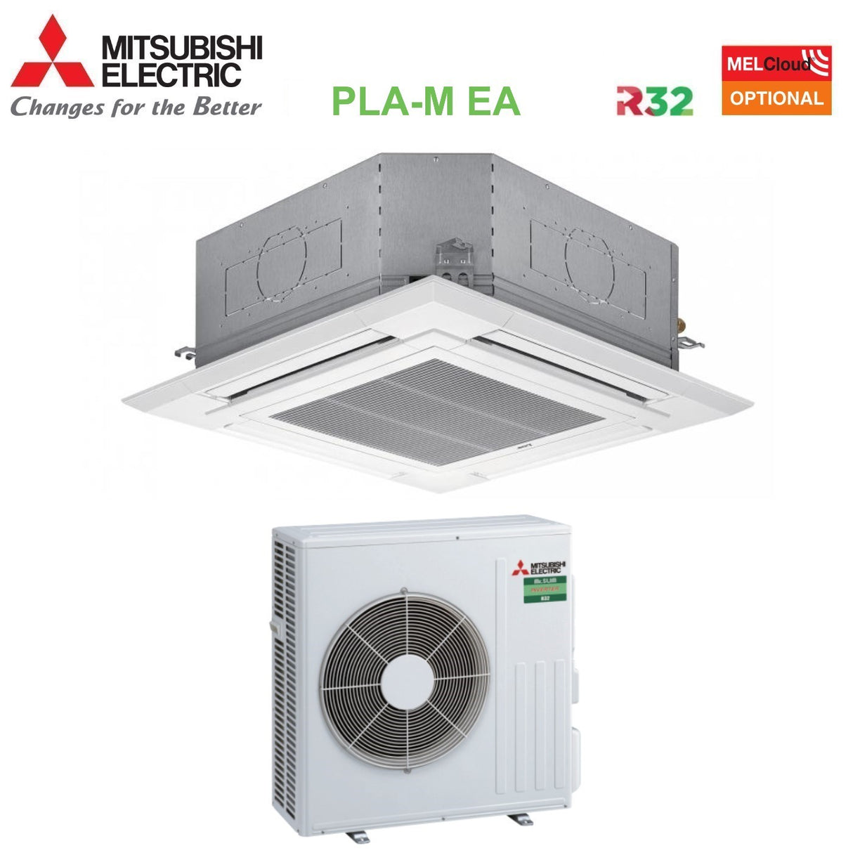 Mitsubishi Electric Airconditioner 90x90 4-weg cassette 24000 Btu PLA-M71EA + SUZ-M71VA R-32 Wi-Fi optioneel met rooster inbegrepen