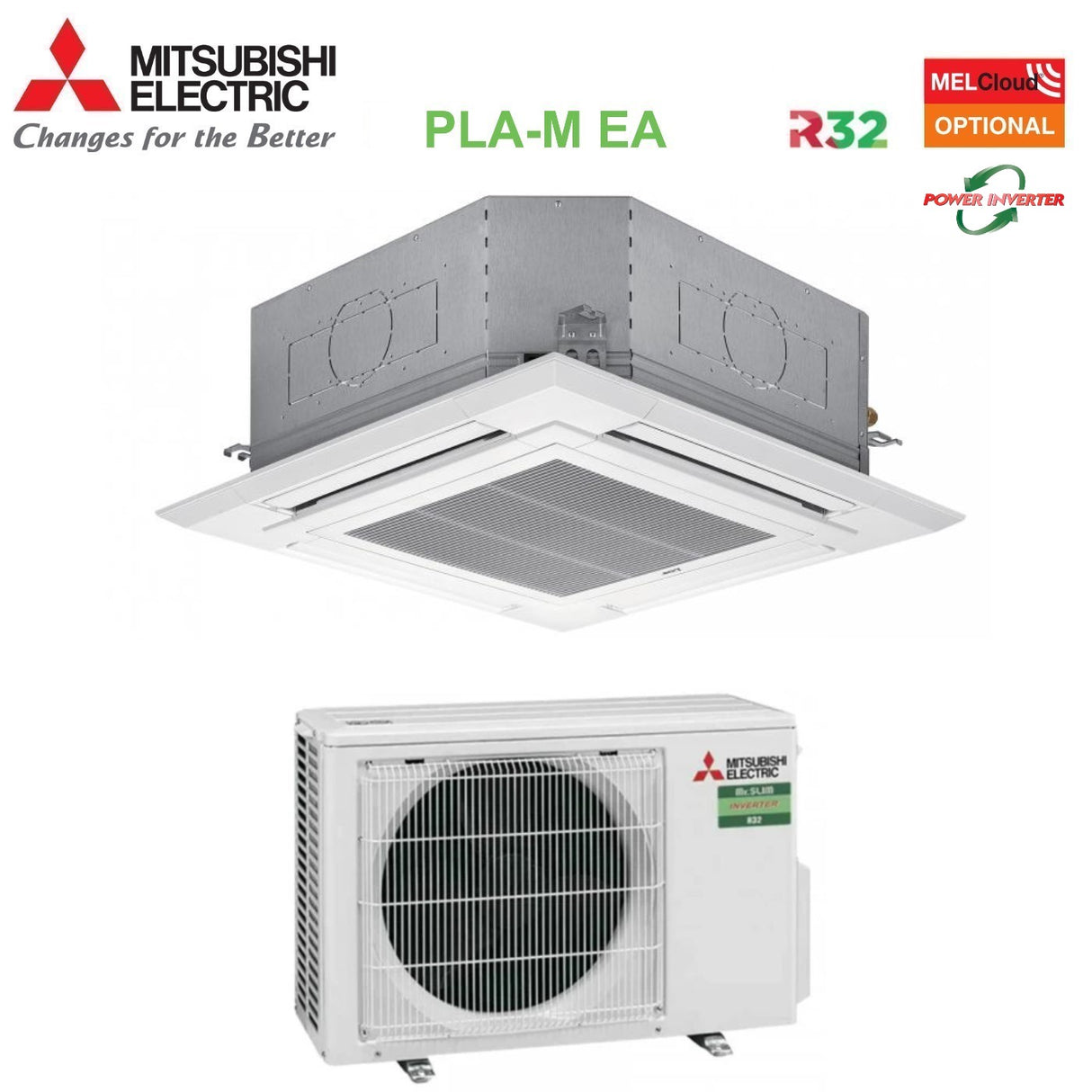 Mitsubishi Electric Airconditioner 90x90 4-weg omvormercassette 18000 Btu PLA-M50EA + PUZ-ZM50VKA R-32 Wi-Fi optioneel met rooster inbegrepen
