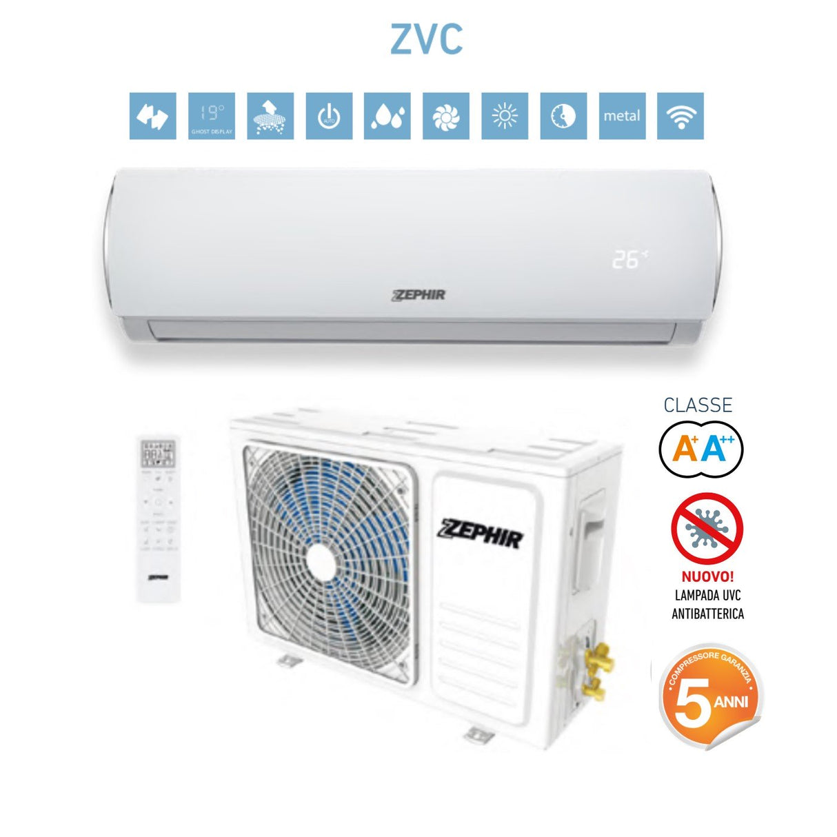 Zephir Monosplit Airconditioner Smart Clean Serie 9000 Btu ZVC 9000 R-32 klasse A++/A+ 5 jaar garantie