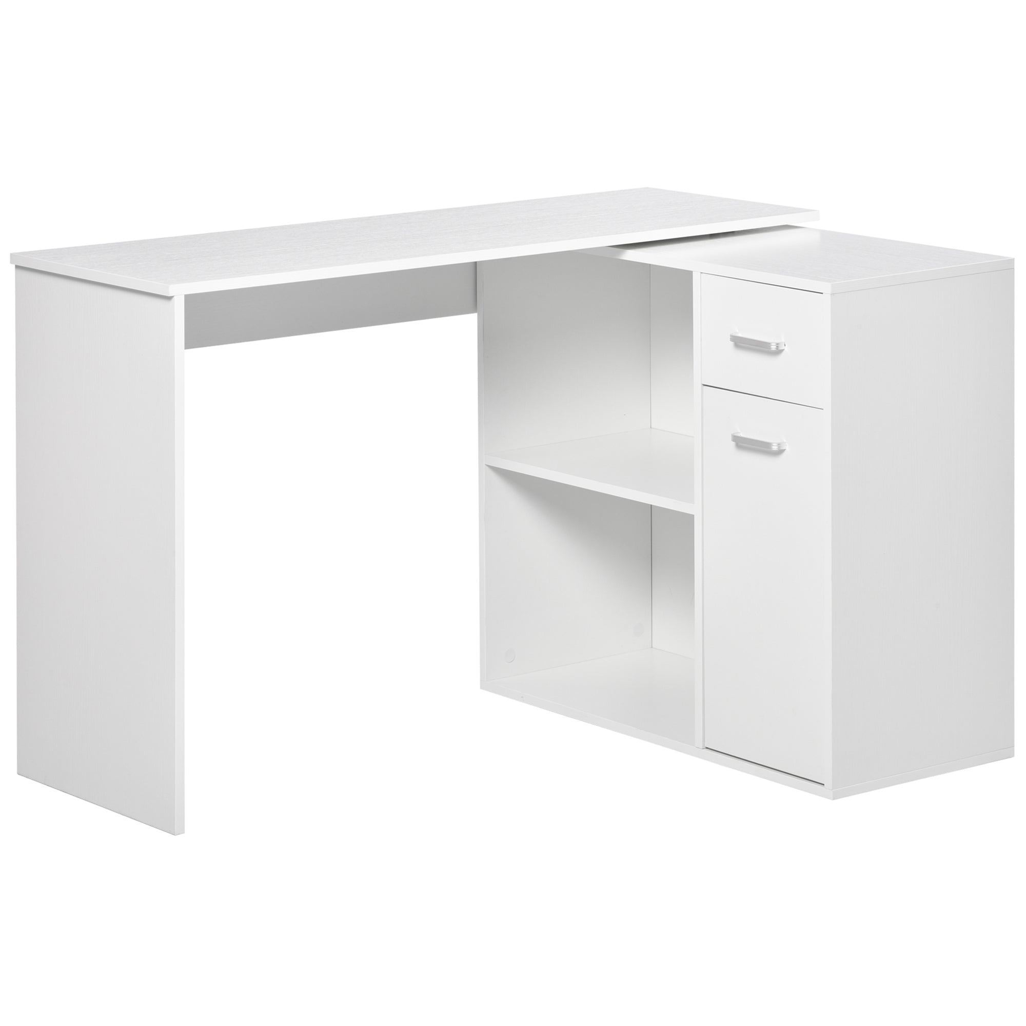 Easycomfort Hoekig Bureau met witte houten kast, eettafel met 360°, 173x39,8x74 cm