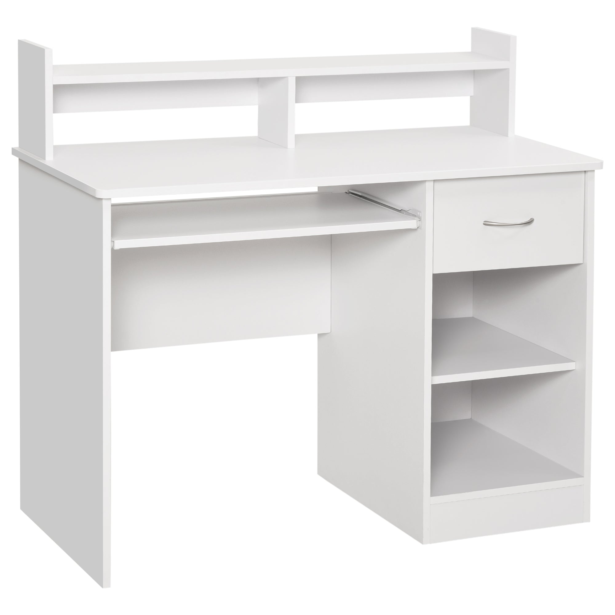 Easycomfort Desk voor compacte computer, witte houten harde pc-Desk met uitschuifbaar toetsenbord en toetsenbord 104x48x95,5cm