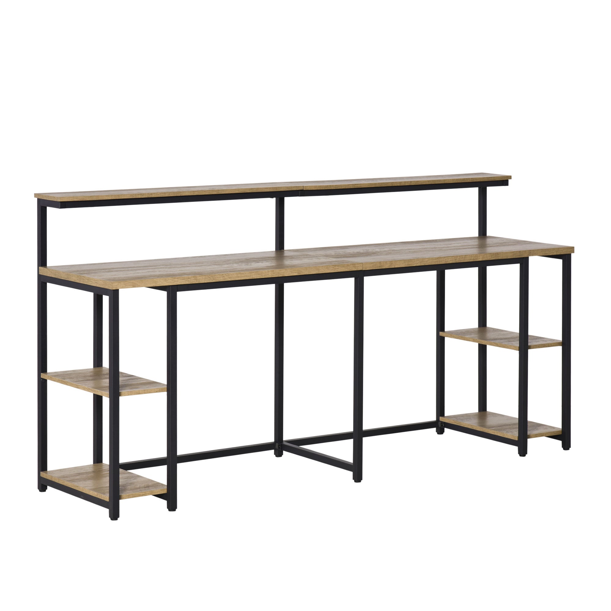 Easycomfort Dubbele Bureau met bank en zool voor industriële monitor, Bureau met bibliotheek Bespaar ruimte voor kantoor en studio in metaal en MDF, 200x53x100cm, zwartbruin