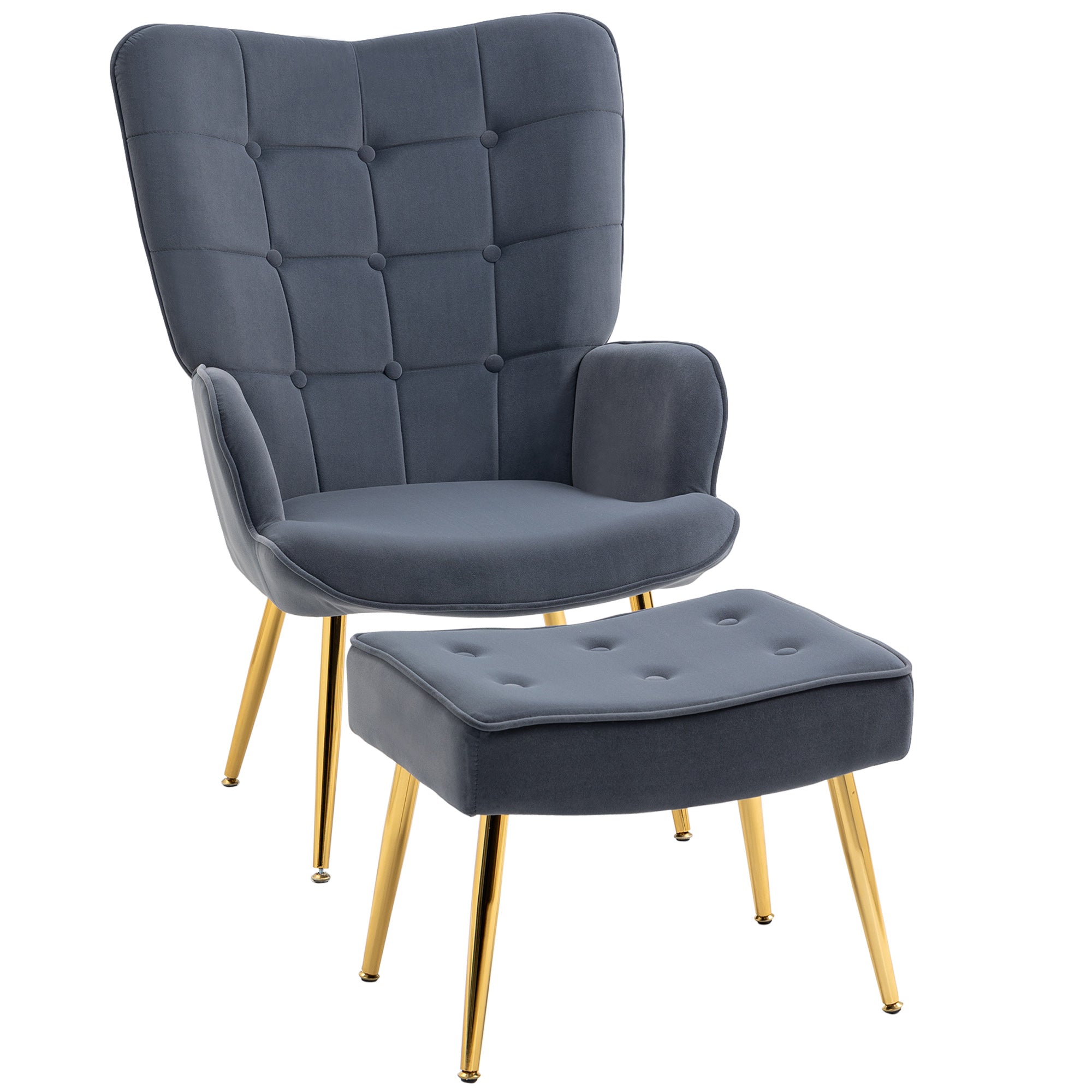 Easycomfort Moderne stoel met poef, begroeid en zuiger met gouden poten, grijs