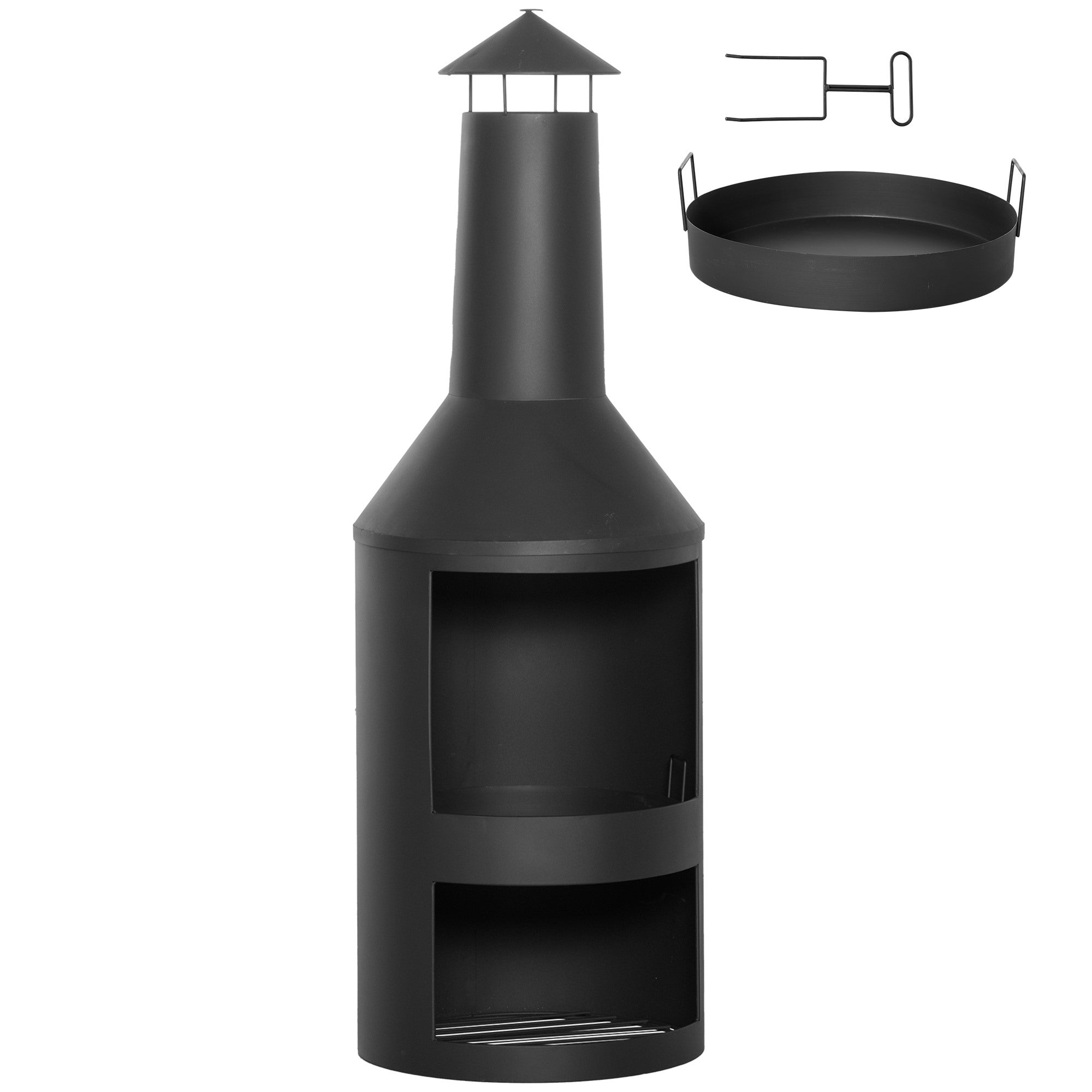 EASYCOMFORT Metalen tuinvuurkorf met open haard, houthouder en pook, ?44,5x133 cm, zwart