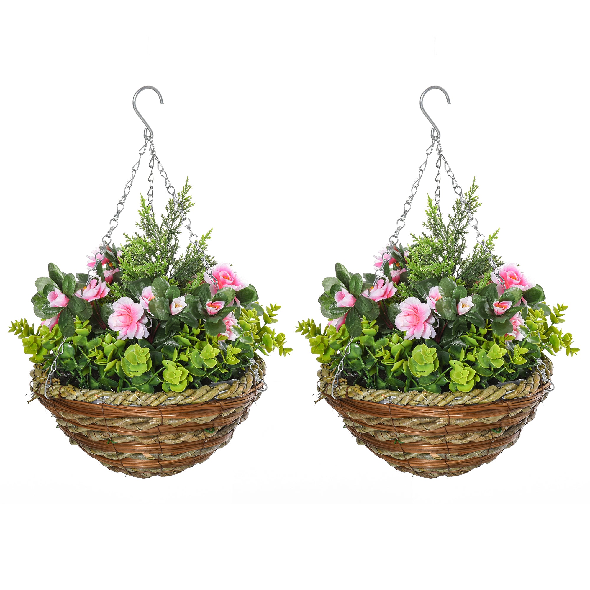 EASYCOMFORT Set van 2 nep Lisianthus planten om op te hangen voor binnen en buiten met rieten pot en kettingen, ?25x34cm, roze en groen
