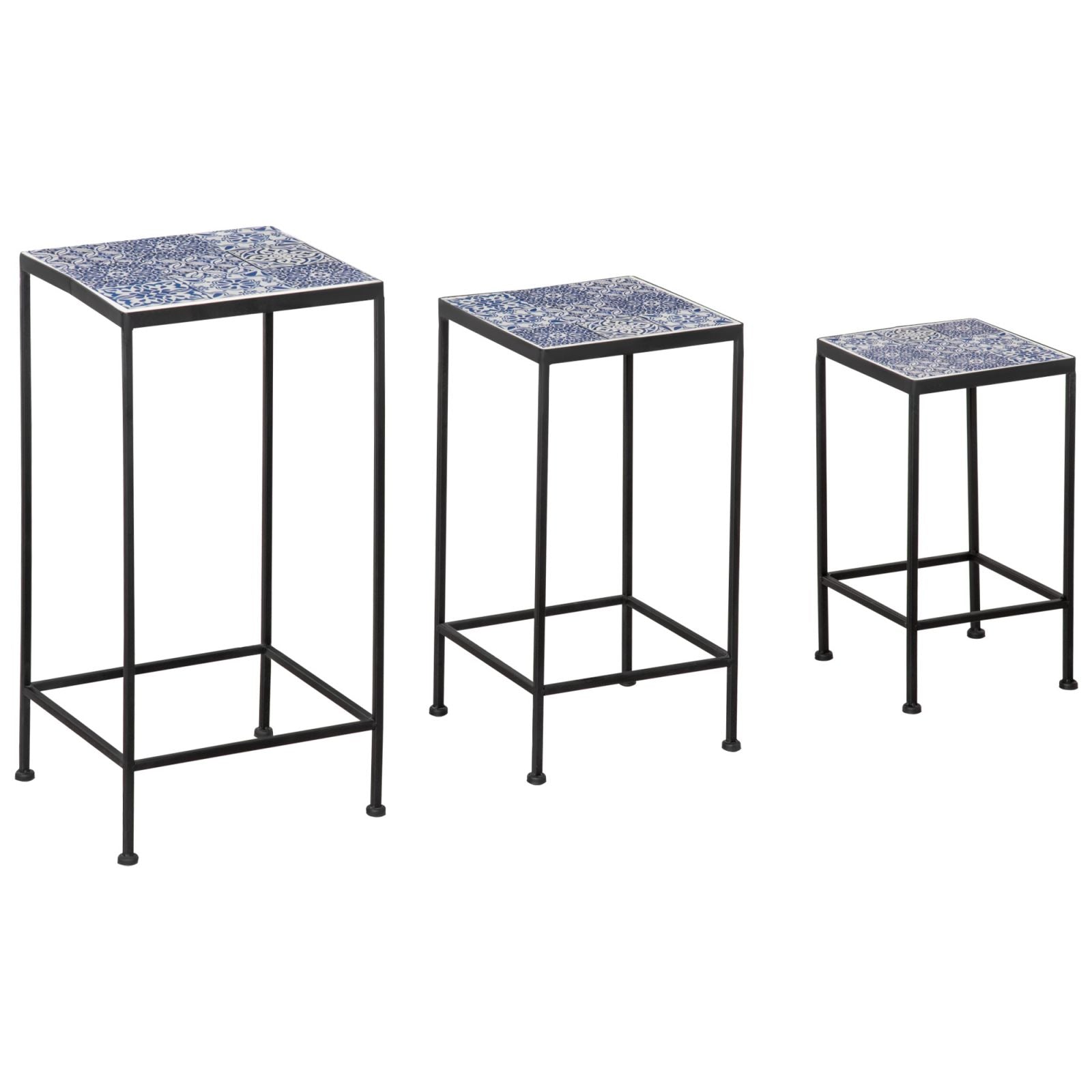 EASYCOMFORT Metalen plantenhouder met keramische tegels, 3 stuks voor tuin en balkon, blauw en zwart