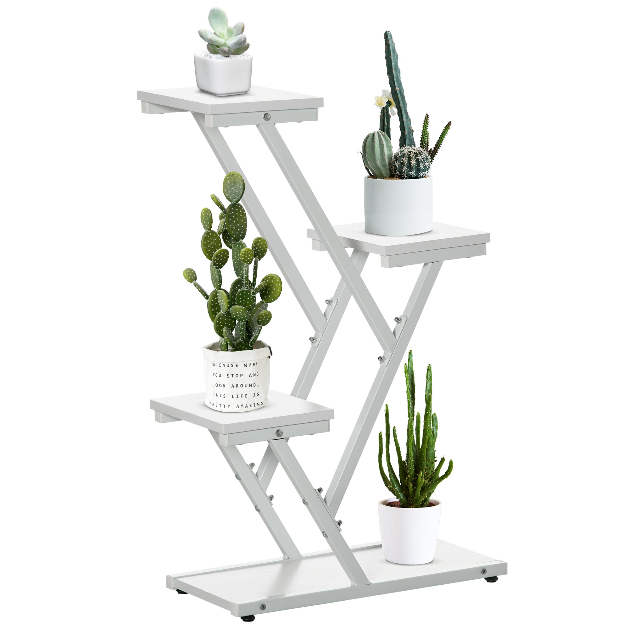 EASYCOMFORT 4-laagse pottenladder voor binnen en buiten van MDF en staal, 50,5x24x81 cm, wit