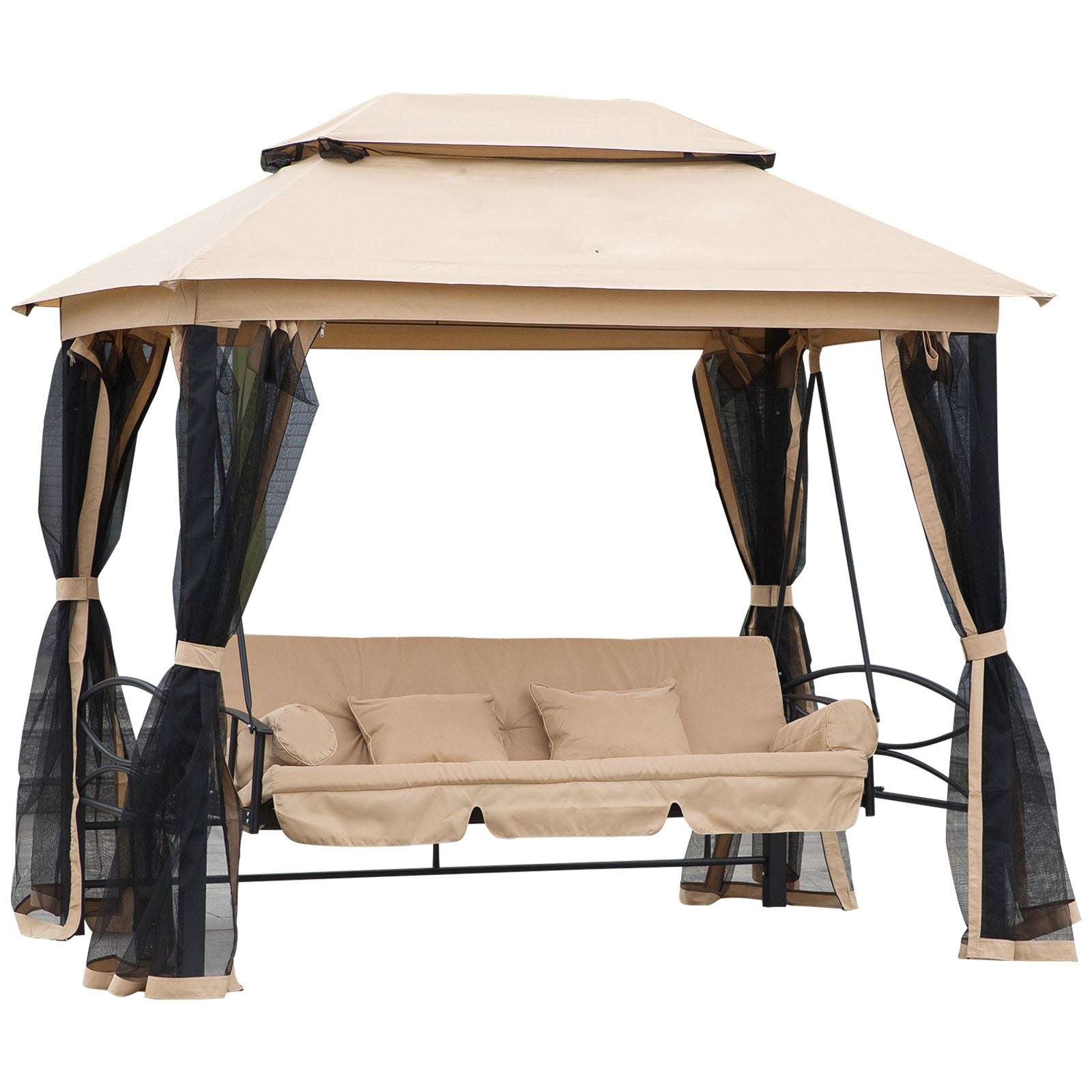 EASYCOMFORT Tuinschommel 3-zits ligstoel en prieel design 3-in-1 met luifel, 256x172x248cm, beige