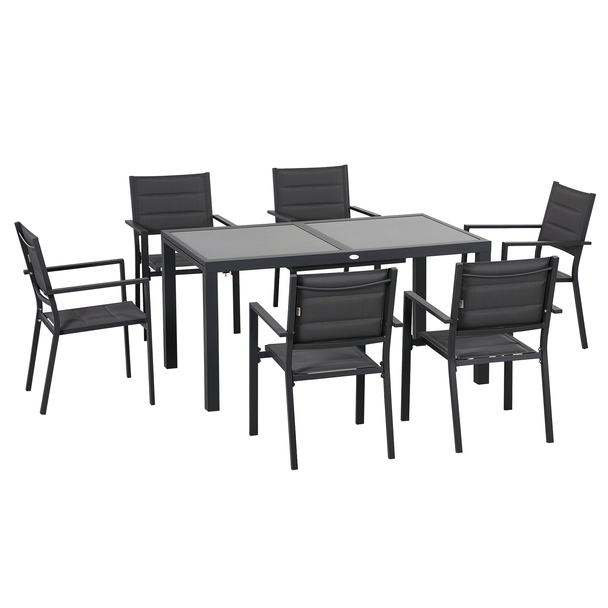 Easycomfort Tuinset met glazen uitschuifbare tafel en 6 stoelen met adembenemende stoelen, donkergrijs