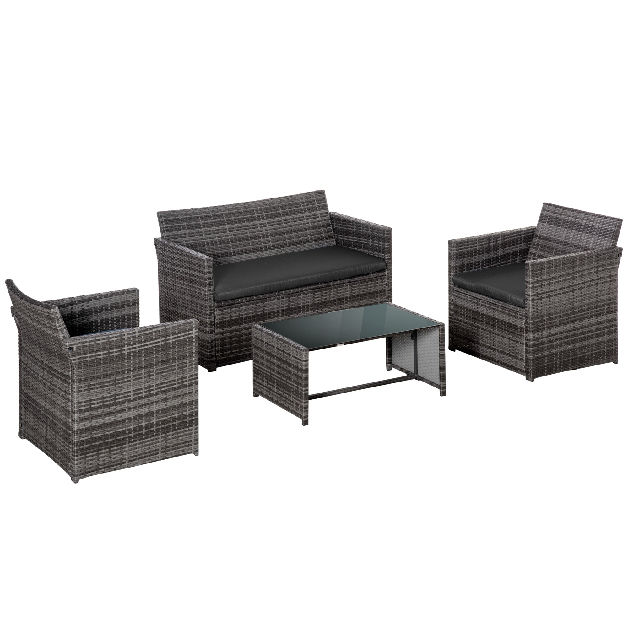 Easycomfort Set 4 P.zi Tuinmeubelen in Rotan (PE), Buitenlounge met Tafel, 2 Stoelen, Dubbele Bank, Grijs