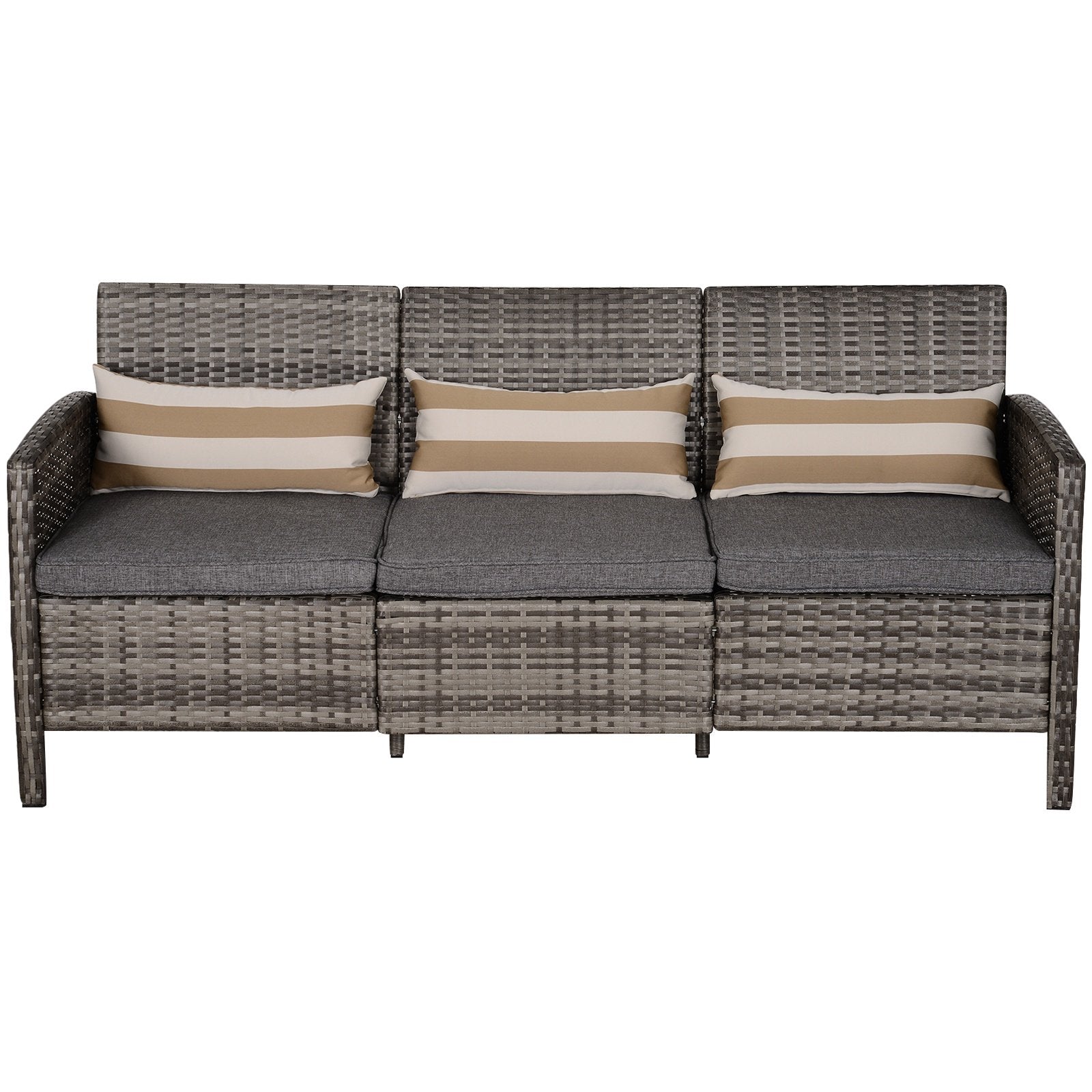 EASYCOMFORT Buitenbank met 3 zitplaatsen in PE-rotan met grijze dubbele kussens, 173 x 68 x 78 cm