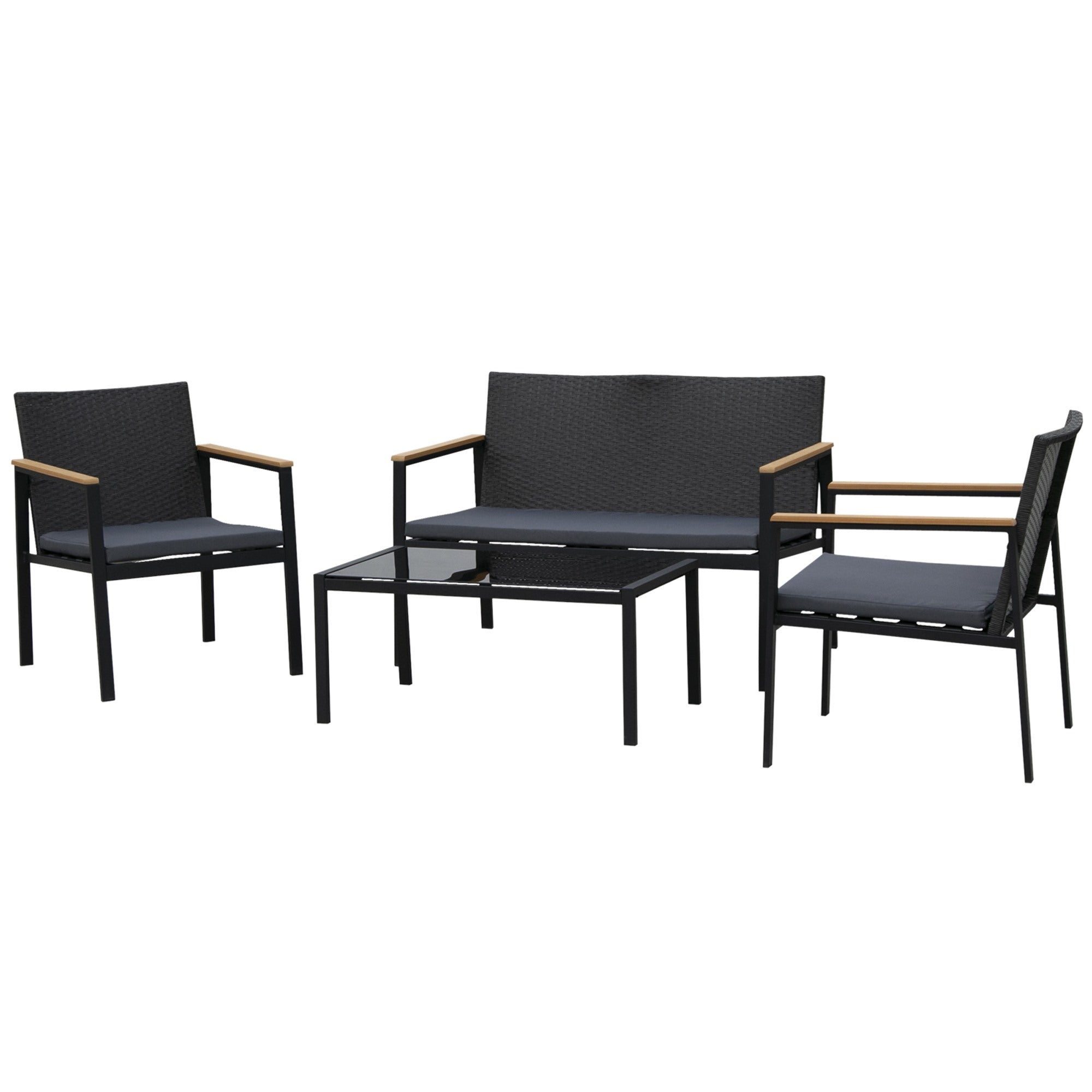 Easycomfort Set 4-delige buitenloungeset met 2 stoelen, bank en tafel, tuinmeubilair in rotan en staal, zwart
