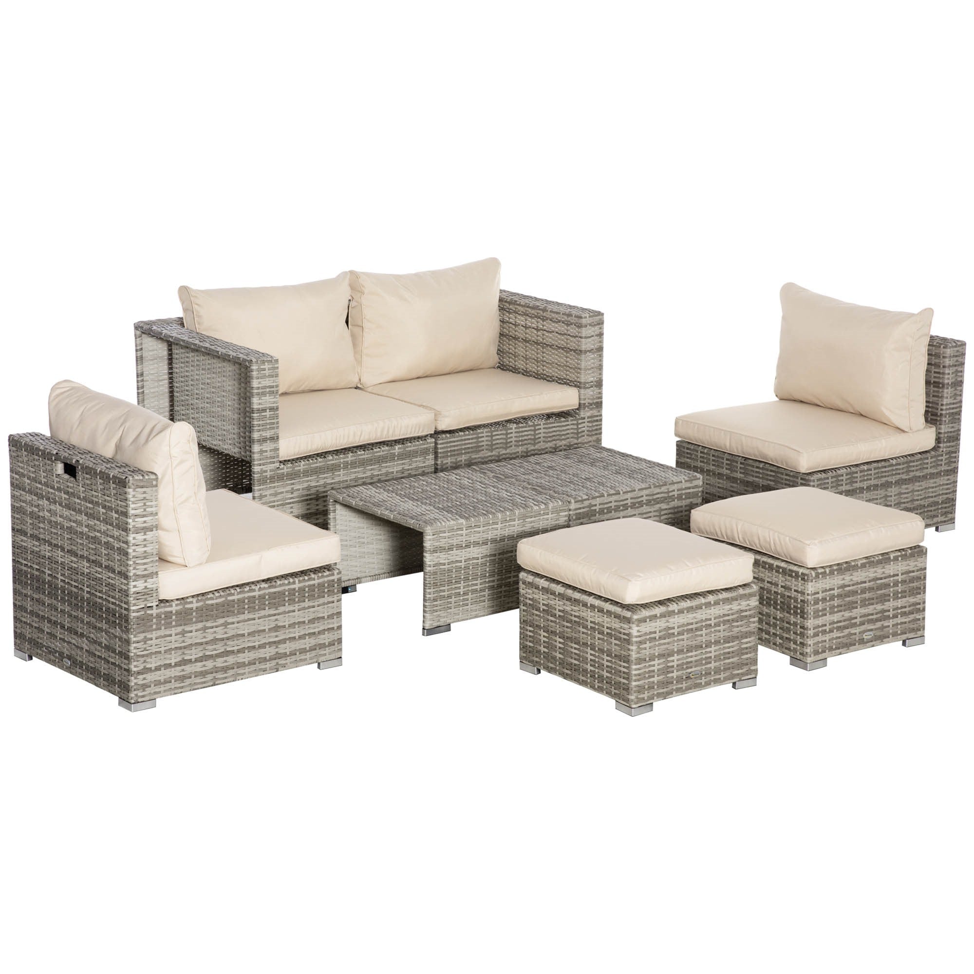 EASYCOMFORT 8-delige PE-rotan tuinlounge met fauteuils, salontafels en krukken, beige