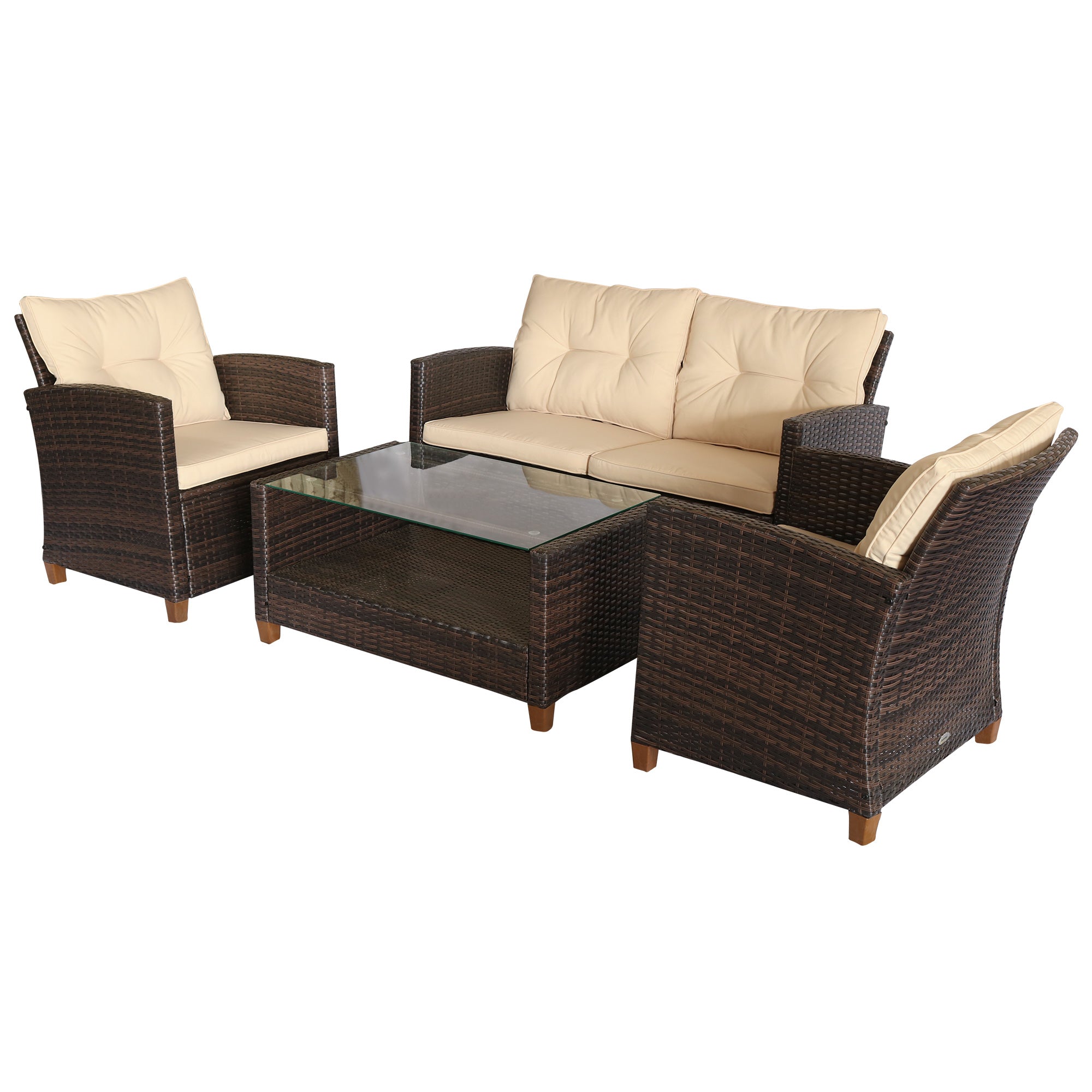 EASYCOMFORT Tuinmeubelset 4-delig in PE rotan Bruine salontafel, bank en fauteuils met beige kussens