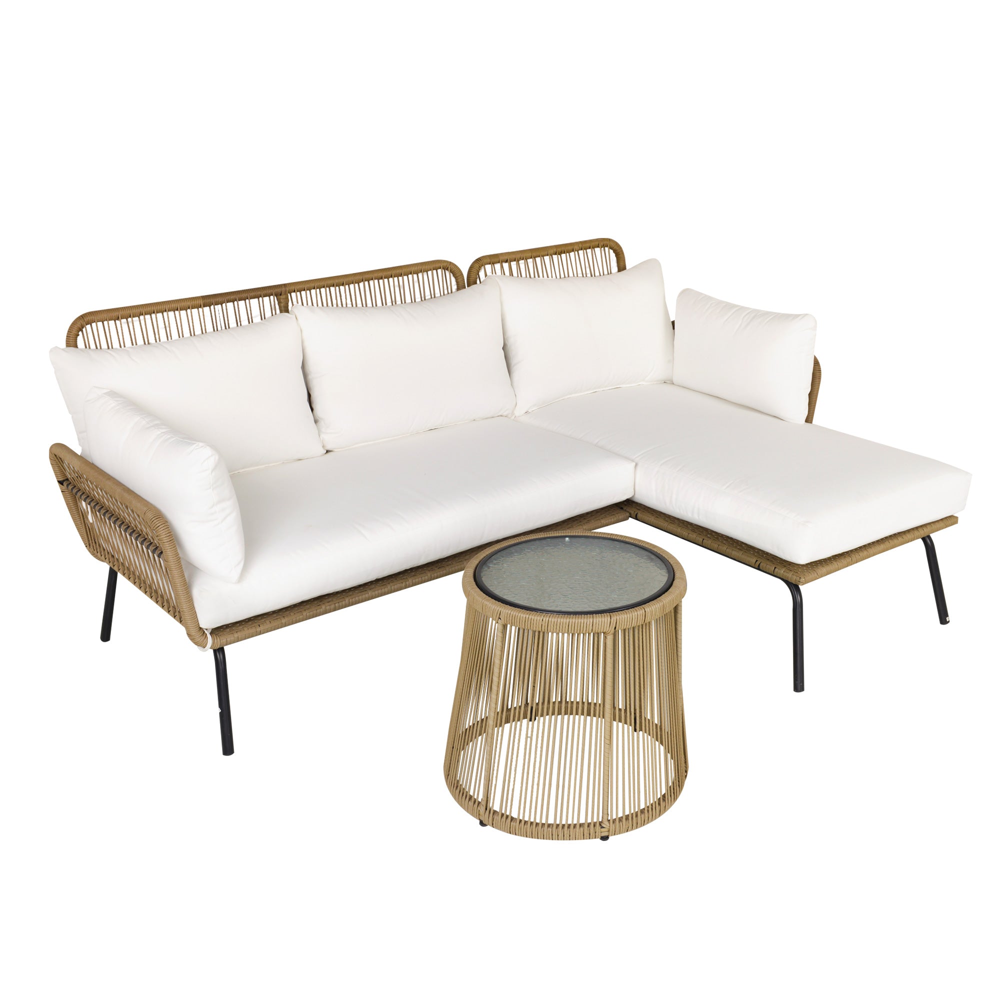 Easycomfort Tuinset in Rotan Stijl Boho Chic met Hoekbank en Tafel, Beige en Koffie
