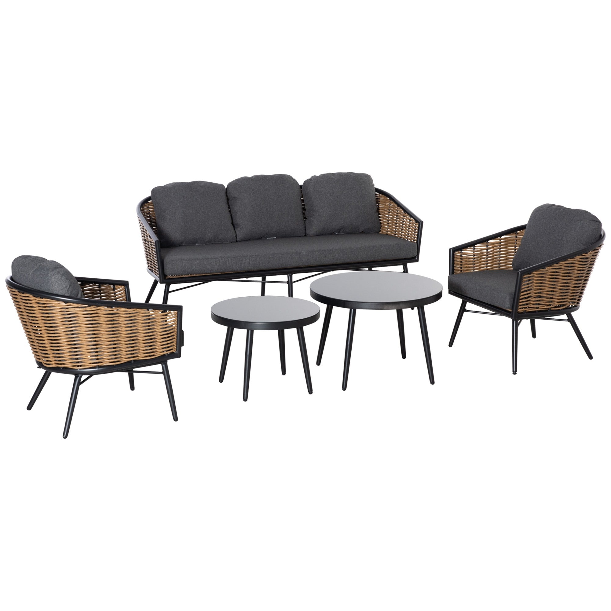 EASYCOMFORT 5-delige rotan tuinmeubelset, buitenlounge met 2 salontafels, 3-zitsbank en 2 fauteuils met kussens