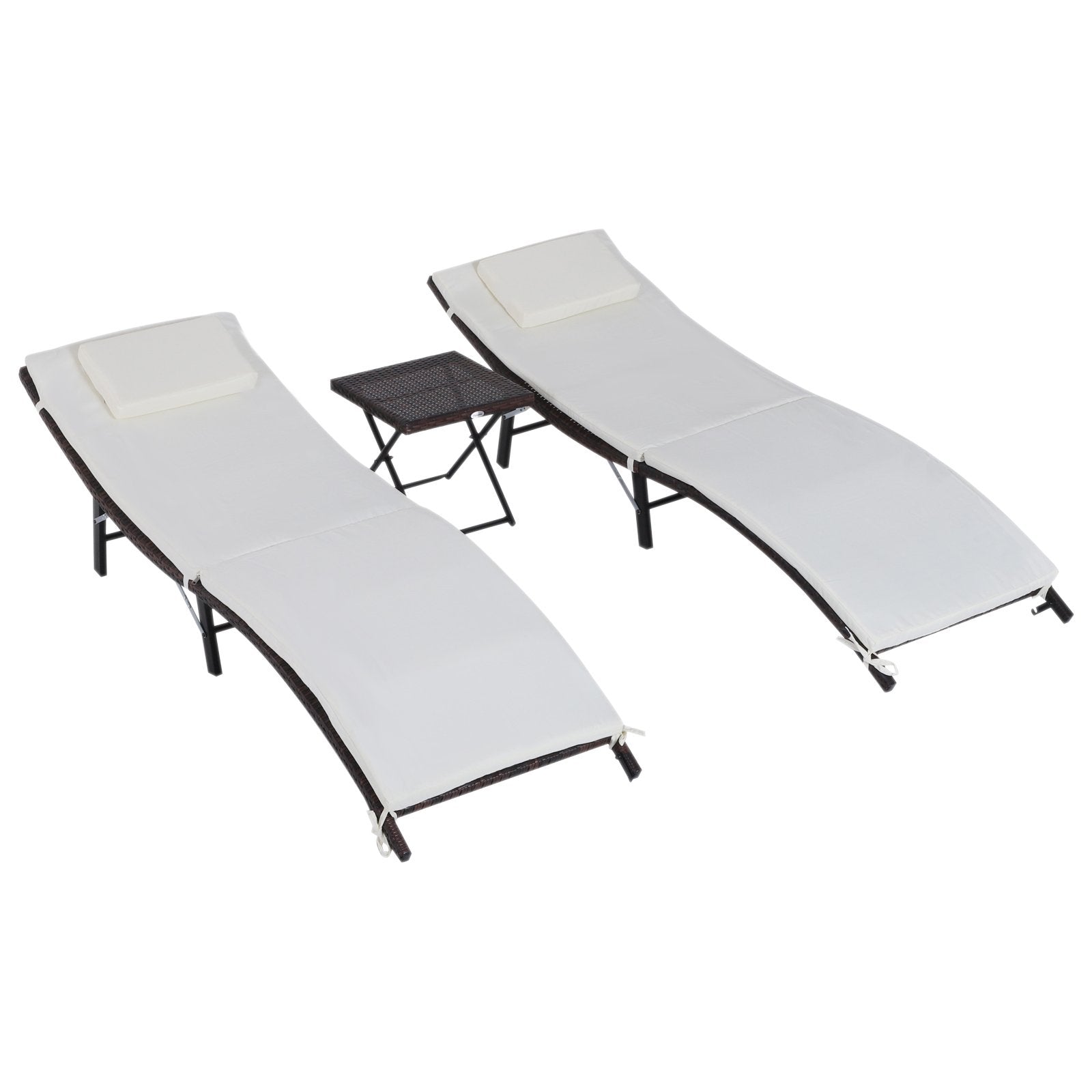 EASYCOMFORT Opvouwbare ligbedden met afneembare kussens en opklapbare tafel, set van 3 in rotan, crème