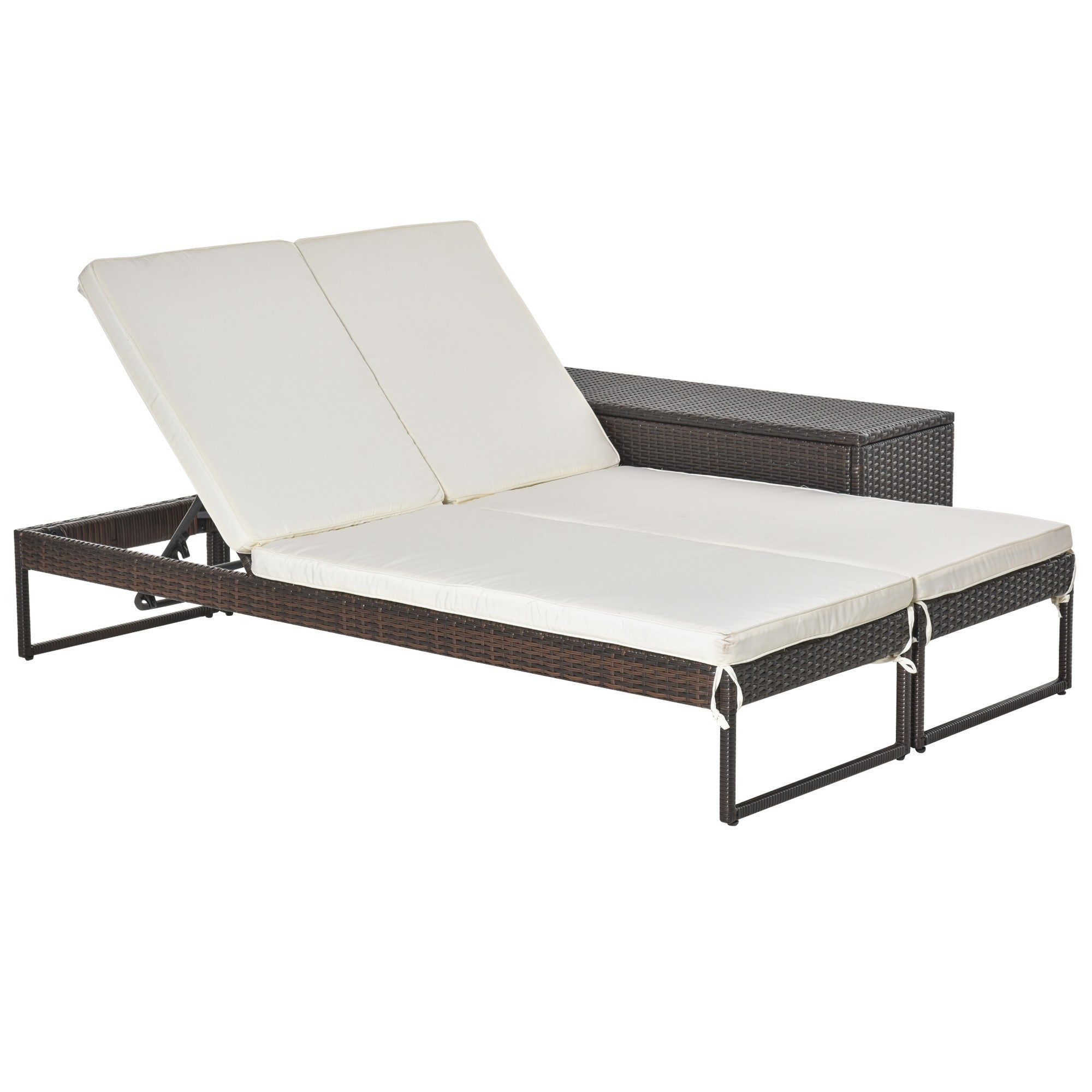 Easycomfort 3pz Geschikt voor 2 Bed Tuinprinters (60 x 195 x 86cm) en 1 Tafel (121 x 40 x 50cm) Rotan met Matras, Bruin en Wit Crème