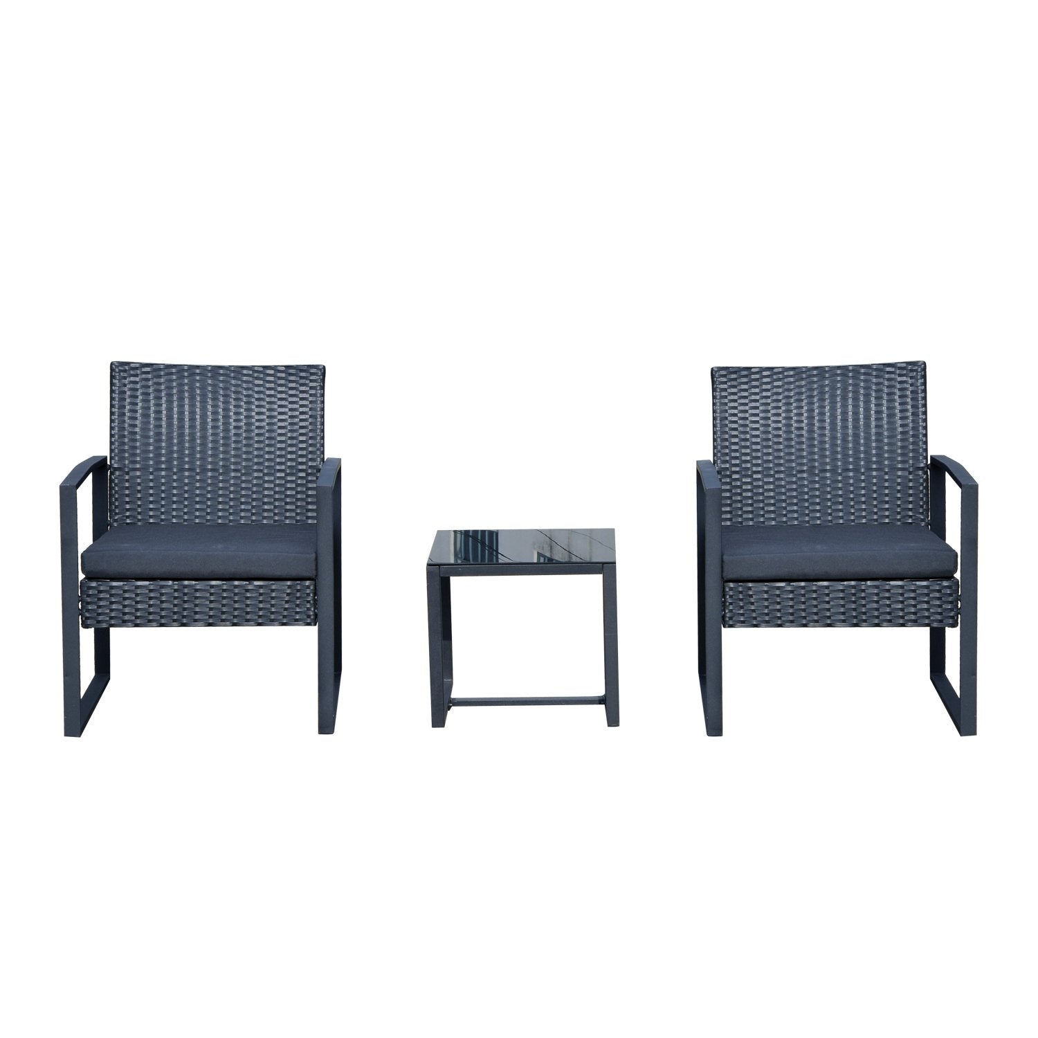 EASYCOMFORT Outdoor Rotan Meubelset Salontafel met 2 Stoelen met Kussens, Zwart