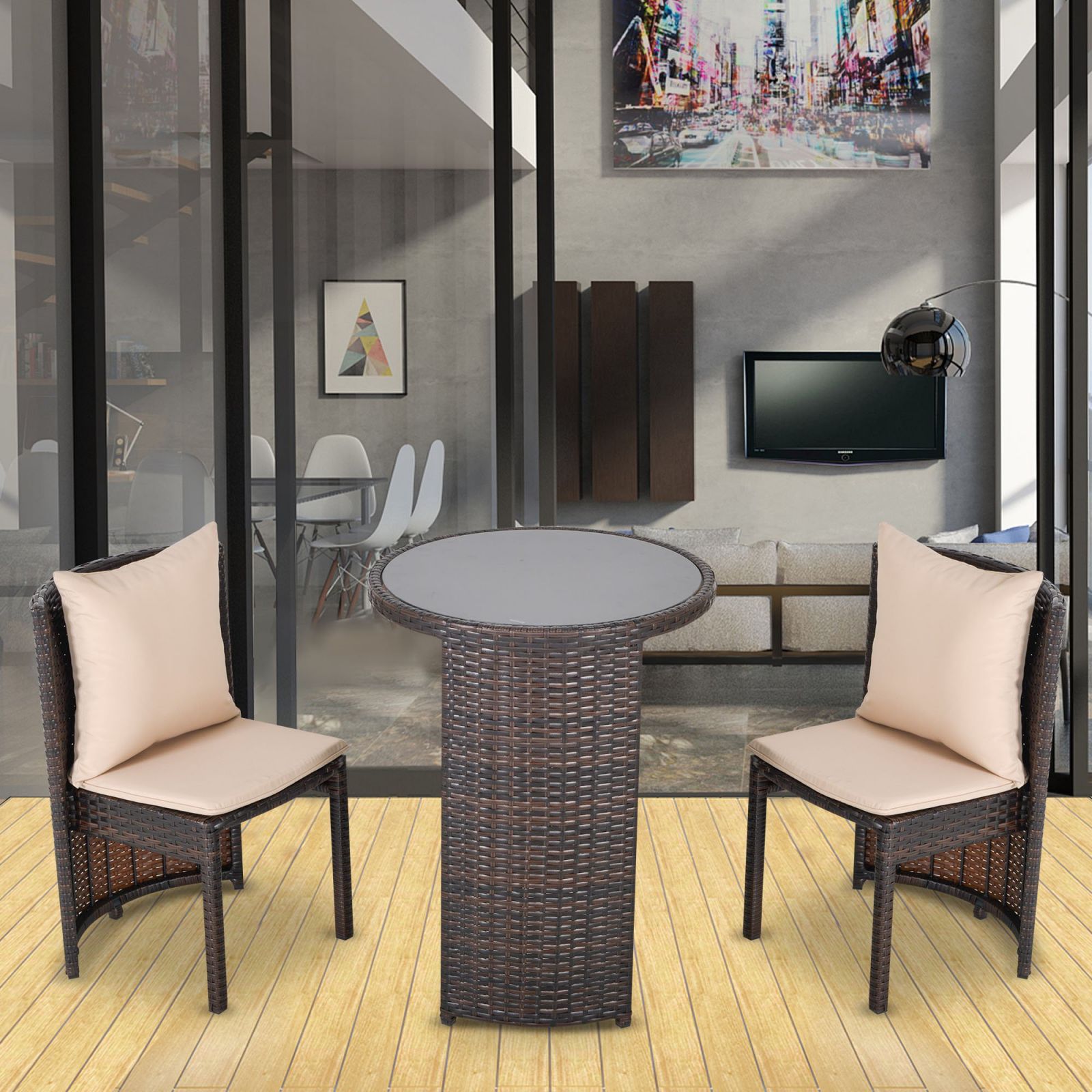 EASYCOMFORT Set van buitentafel en 2 stoelen in bruin en beige PE-rotan