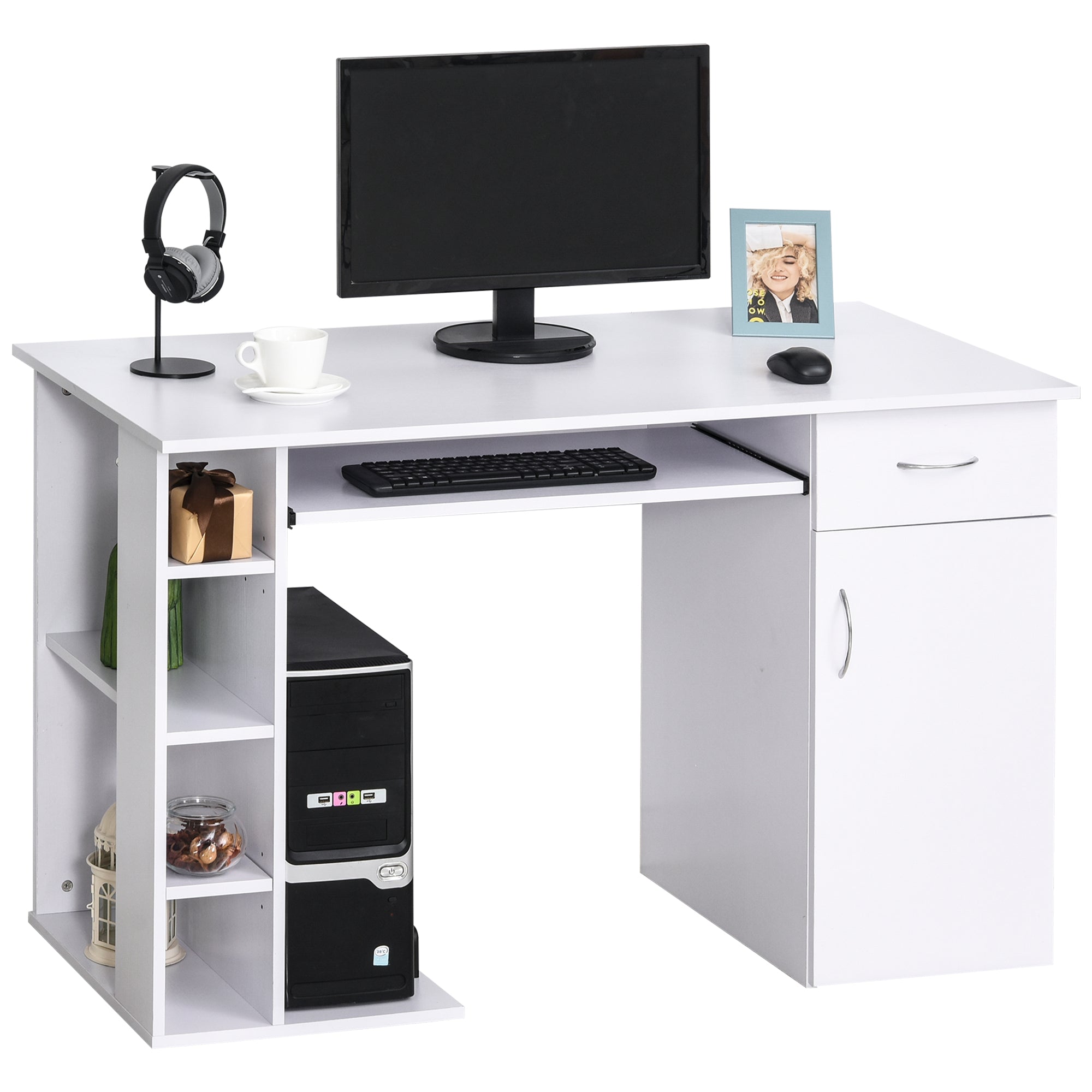 Easycomfort PC Desktop Ergonomisch met Hoezen, Garderobekast, Cassette en Toetsenbord Uitschuifbaar, Wit, 120x60x74cm