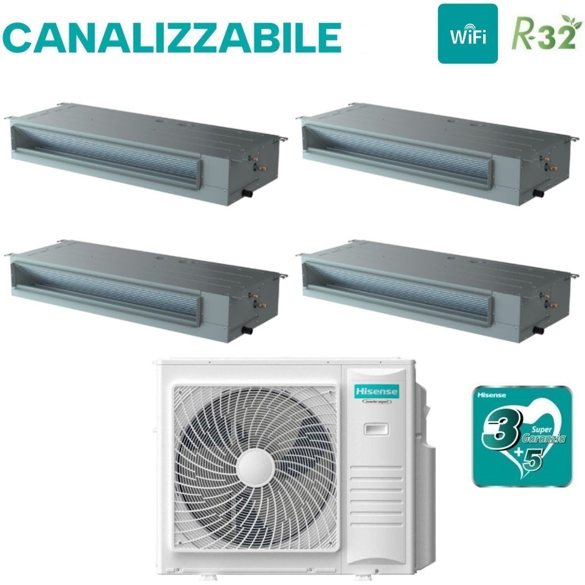 Hisense Airconditioner Split Inverter Panelen Gekanaliseerd 9+9+9+12 met 4AMW105U4RAA R-32 Wi-Fi Optioneel 9000+9000+9000+12000 met standaard en bekabelde afstandsbediening inbegrepen