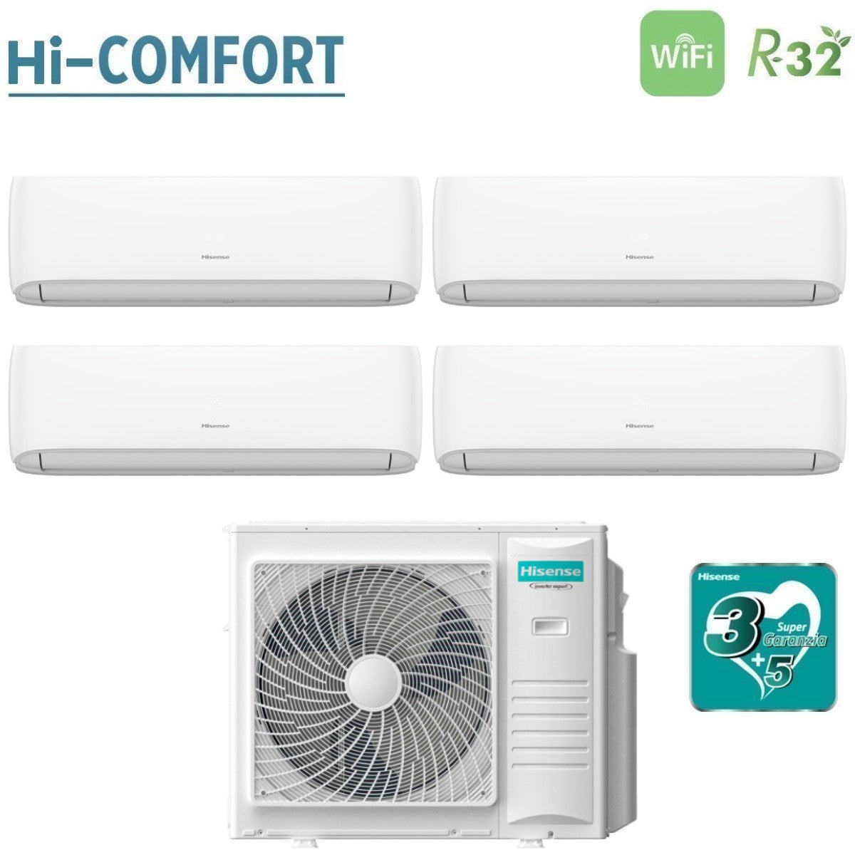 Hisense Airconditioner Split Inverter Panelen HI-COMFORT 7+9+9+12 serie met 4AMW105U4RAA R-32 Geïntegreerde Wi-Fi 7000+9000+9000+12000 - Nieuw