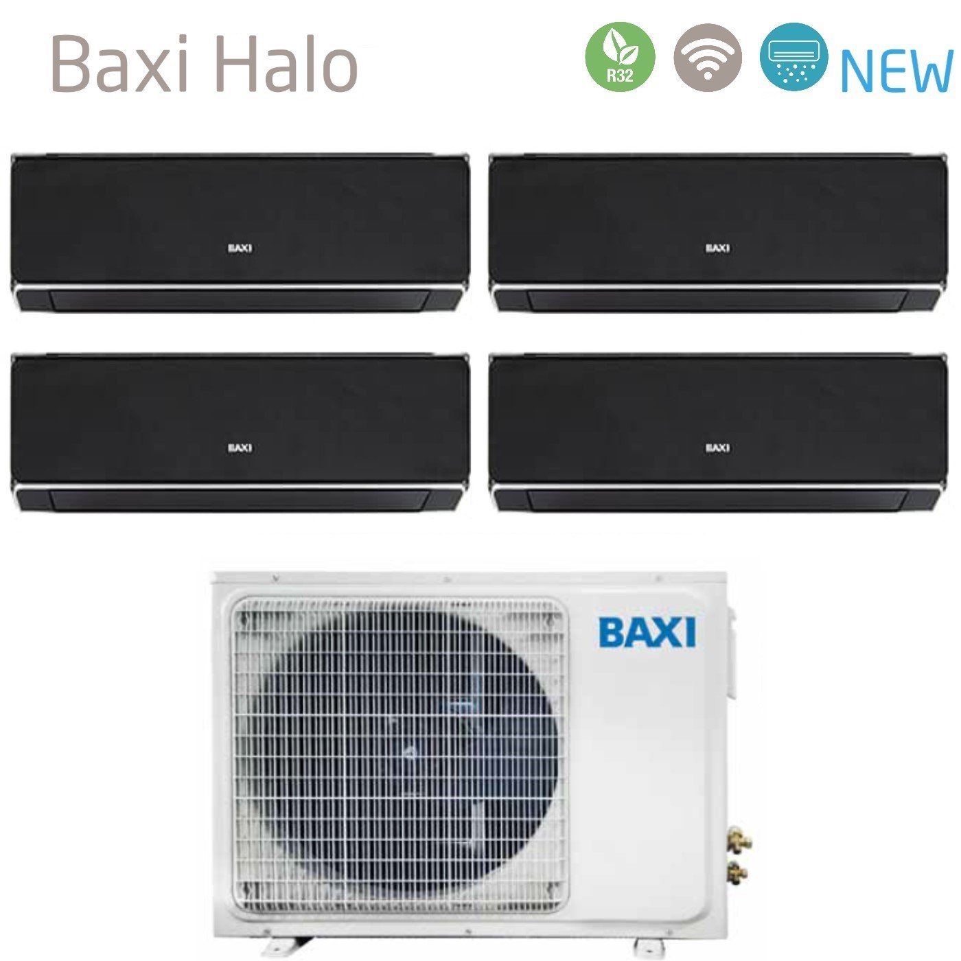 Baxi Quadri Split Inverter Airconditioner Serie HALO ZWART 9+9+9+9+12 met LSGT100-4M R-32 Geïntegreerde Wi-Fi 9000+9000+12000