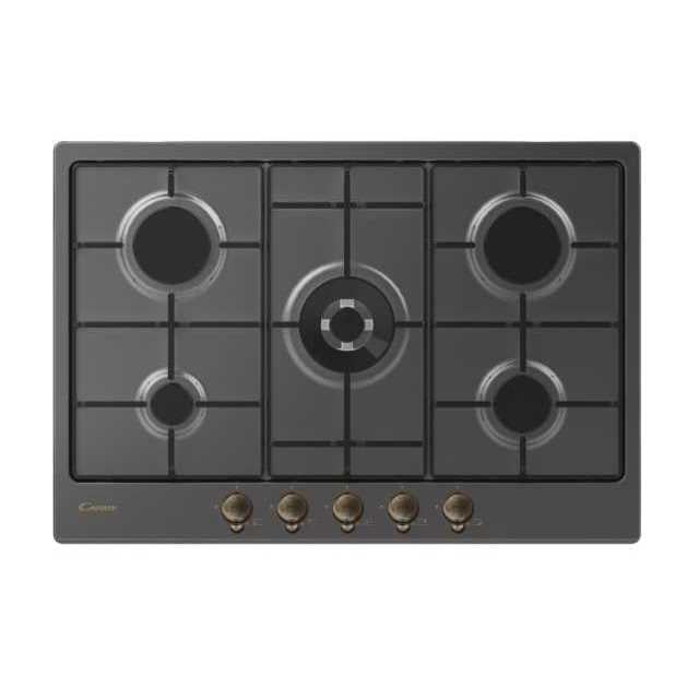 Candy CHW74WGTGH Gaskookplaat 5 Branders 75 Cm in Zwart Keramisch Glas (BxD) 74x51 Klassieke Collectie met Dubbele Kroonbrander