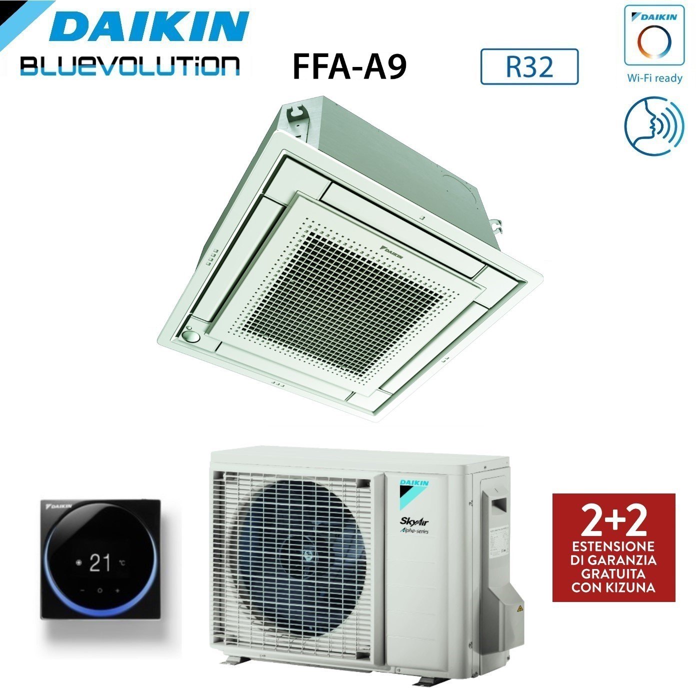 Daikin Fully Flat Cassette Airconditioner 21000 BTU FFA60A9 + RZAG60A R-32 Optionele Wi-Fi met bedrade bediening en rooster inbegrepen
