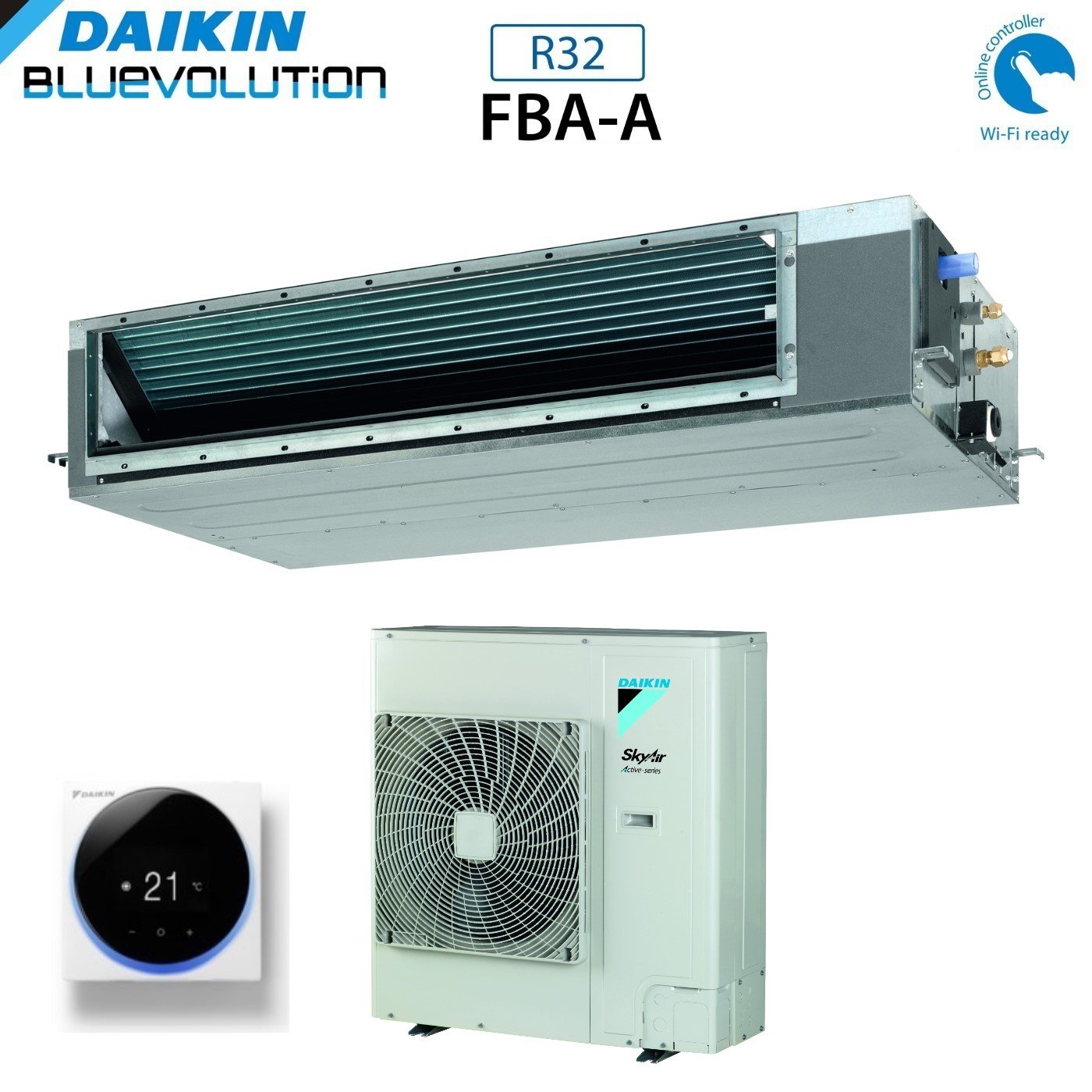 Daikin Bluevolution Airconditioner met kanaalsysteem, medium opvoerhoogte 36.000 Btu FBA100A + AZAS100MY1, driefasig R-32, wifi optioneel