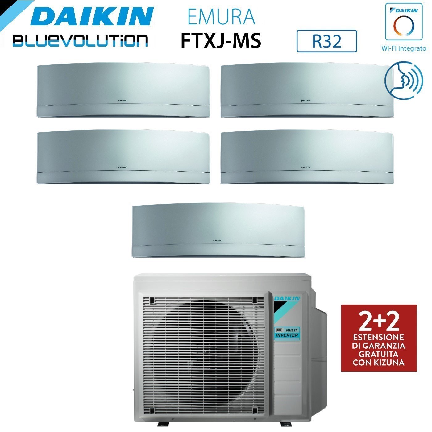 Daikin Bluevolution Penta Split Inverter Airconditioner EMURA SILVER serie 9+9+12+12+12+12 met 5MXM90N R-32 Geïntegreerde Wi-Fi 9000+9000+12000+12000+12000 Kleur Zilver