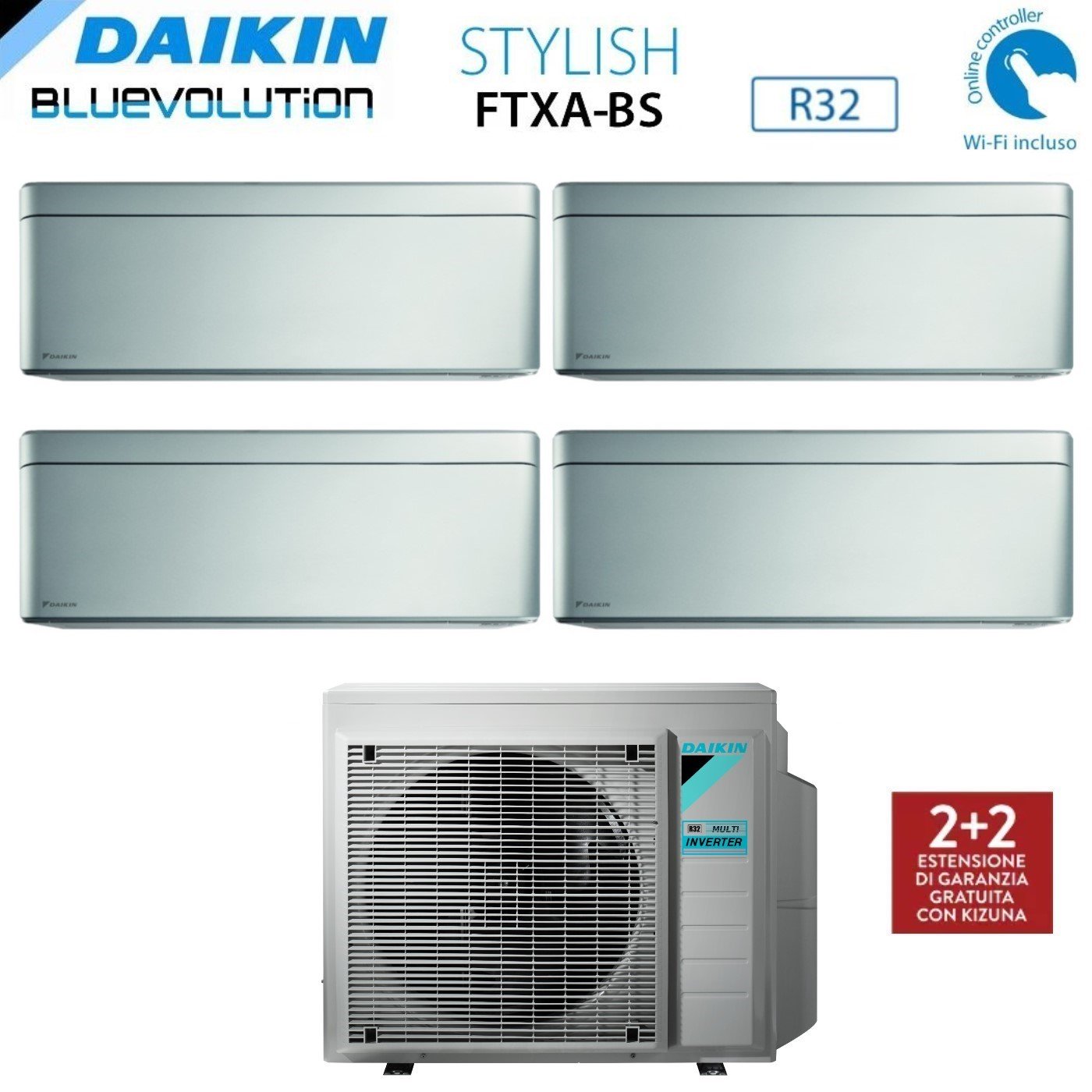 Daikin Bluevolution Airconditioner Split Inverter Panelen STYLISH TOTAL SILVER serie FTXA-BS 9+12+12+12+12 met 4MXM80N R-32 Geïntegreerde Wi-Fi 9000+12000+12000+12000 Grijze kleur  - Nieuws 2020