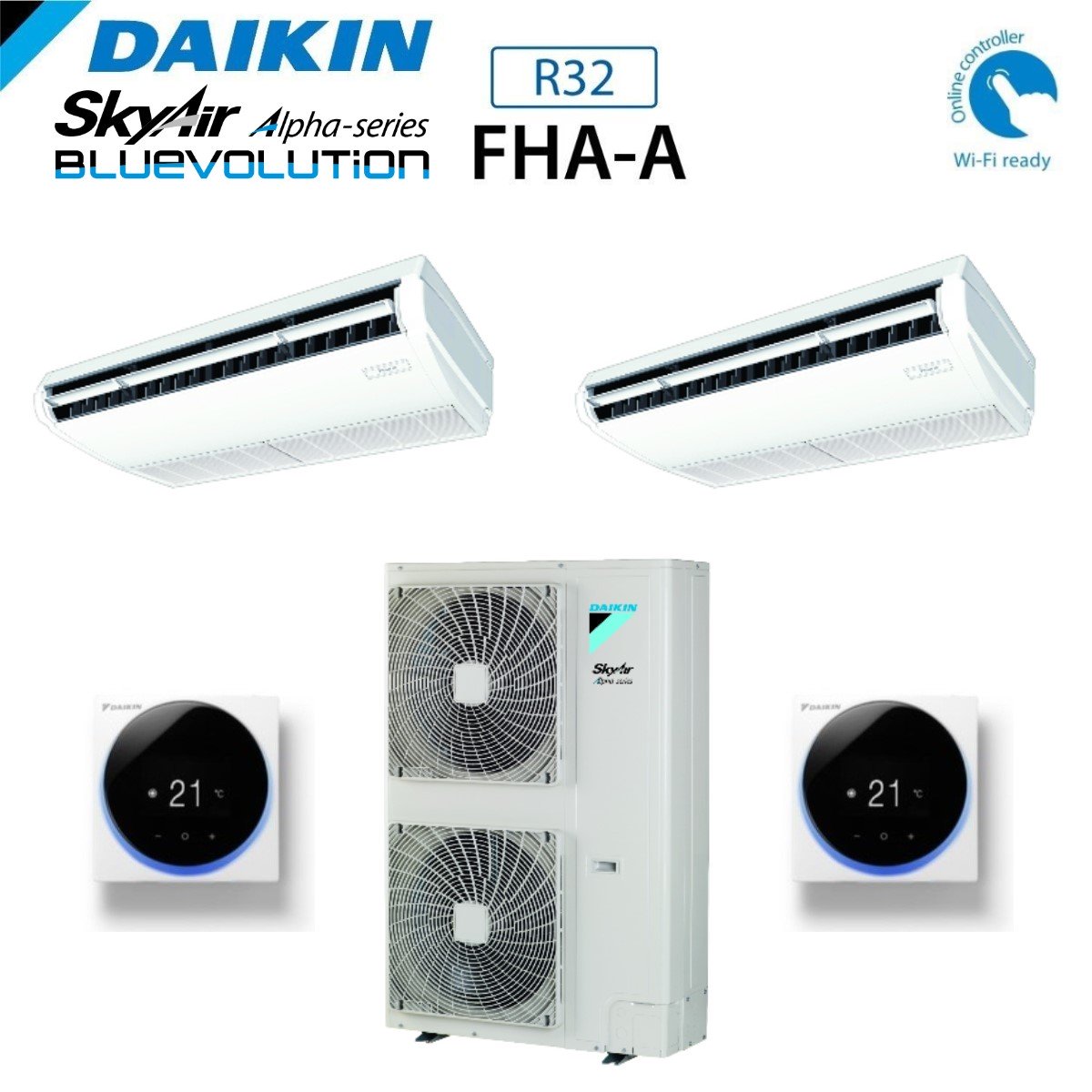 Daikin Dual Split Inverter Plafondhangende Airconditioner FHA-A 24+24 met RZAG140MY1 R-32 Driefase Wi-Fi Optioneel 24000+24000 met draadbediening inbegrepen